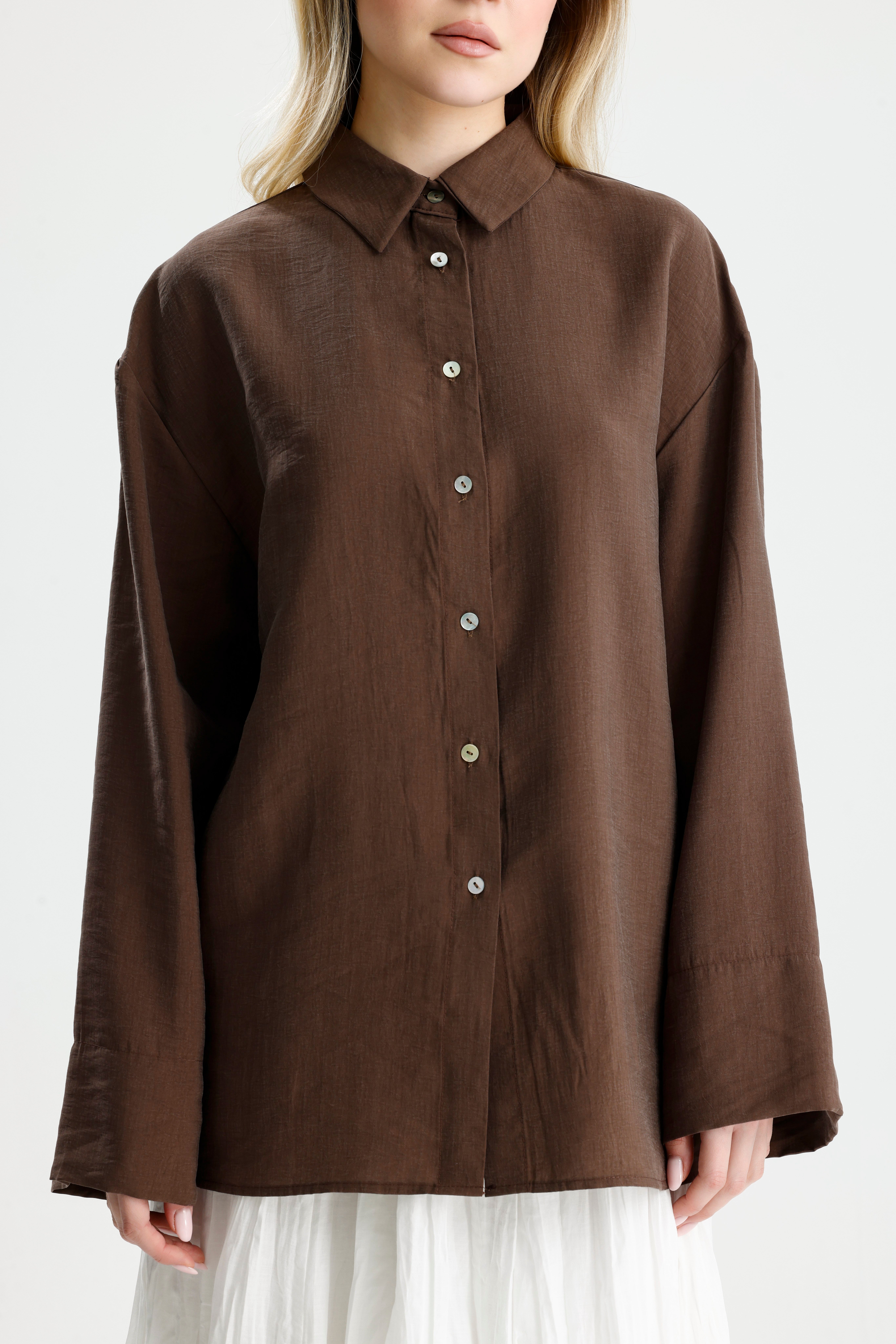 Kadın Kahve Premium Kumaş Oversize Gömlek 31084