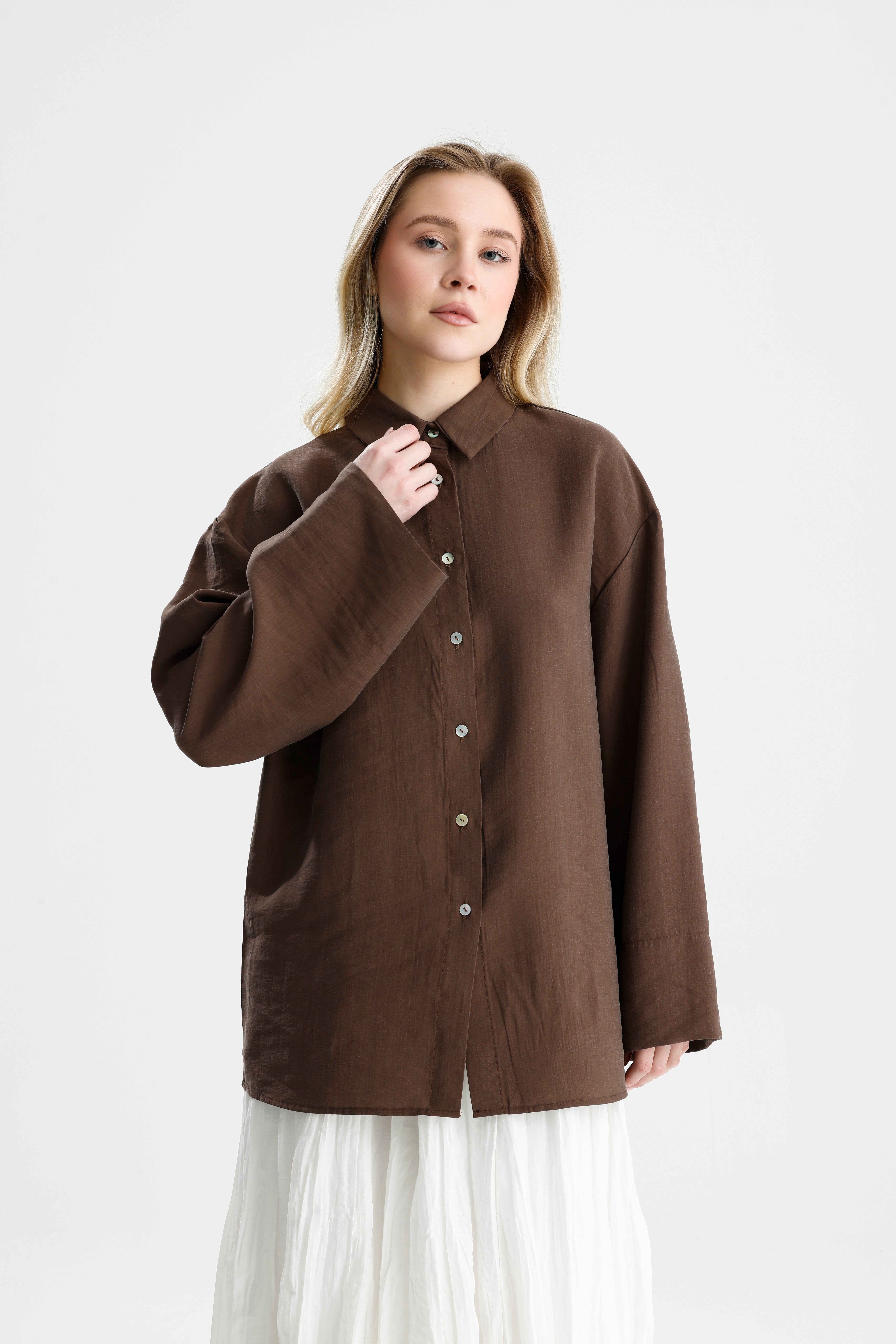 Kadın Kahve Premium Kumaş Oversize Gömlek 31084