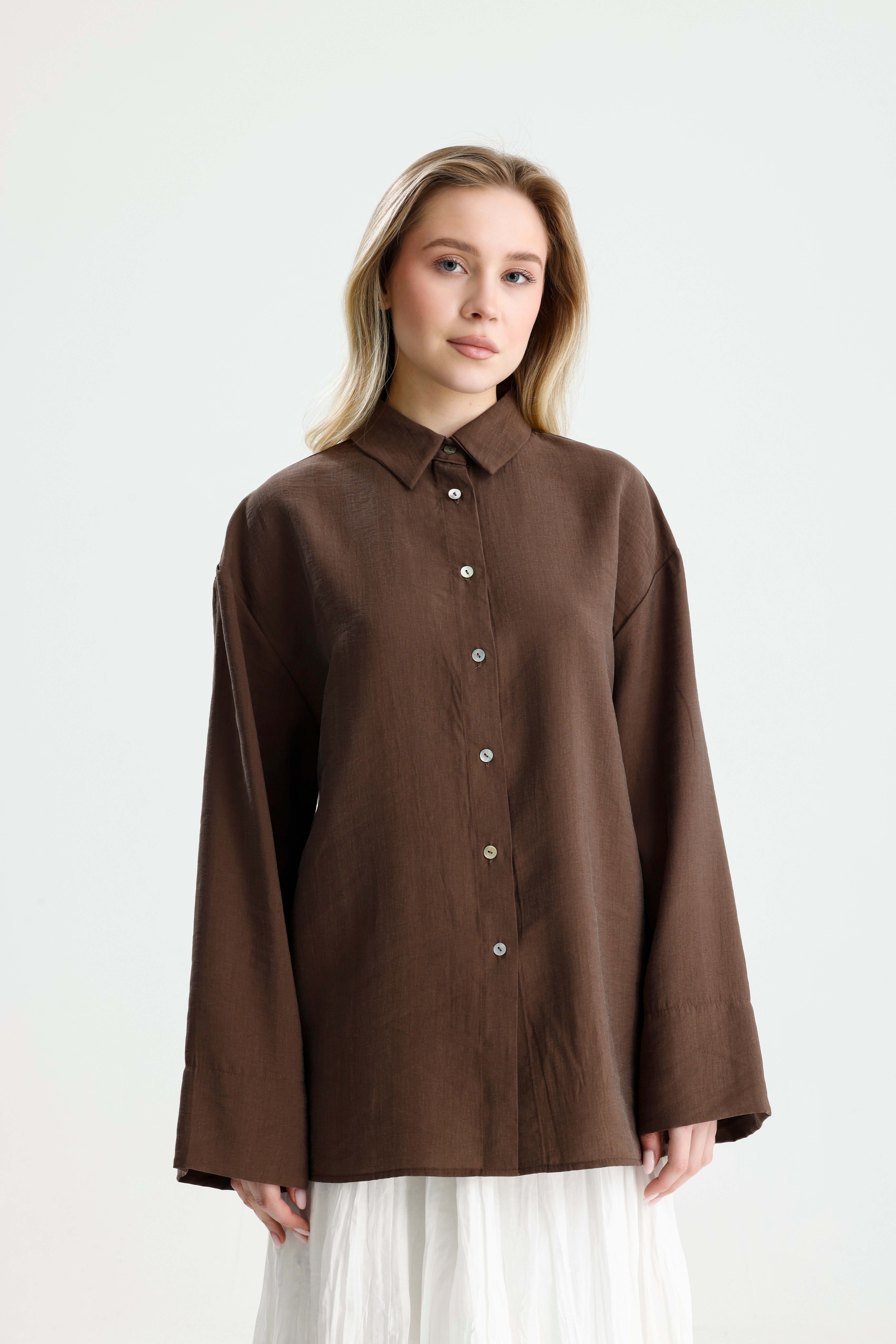 Kadın Kahve Premium Kumaş Oversize Gömlek 31084