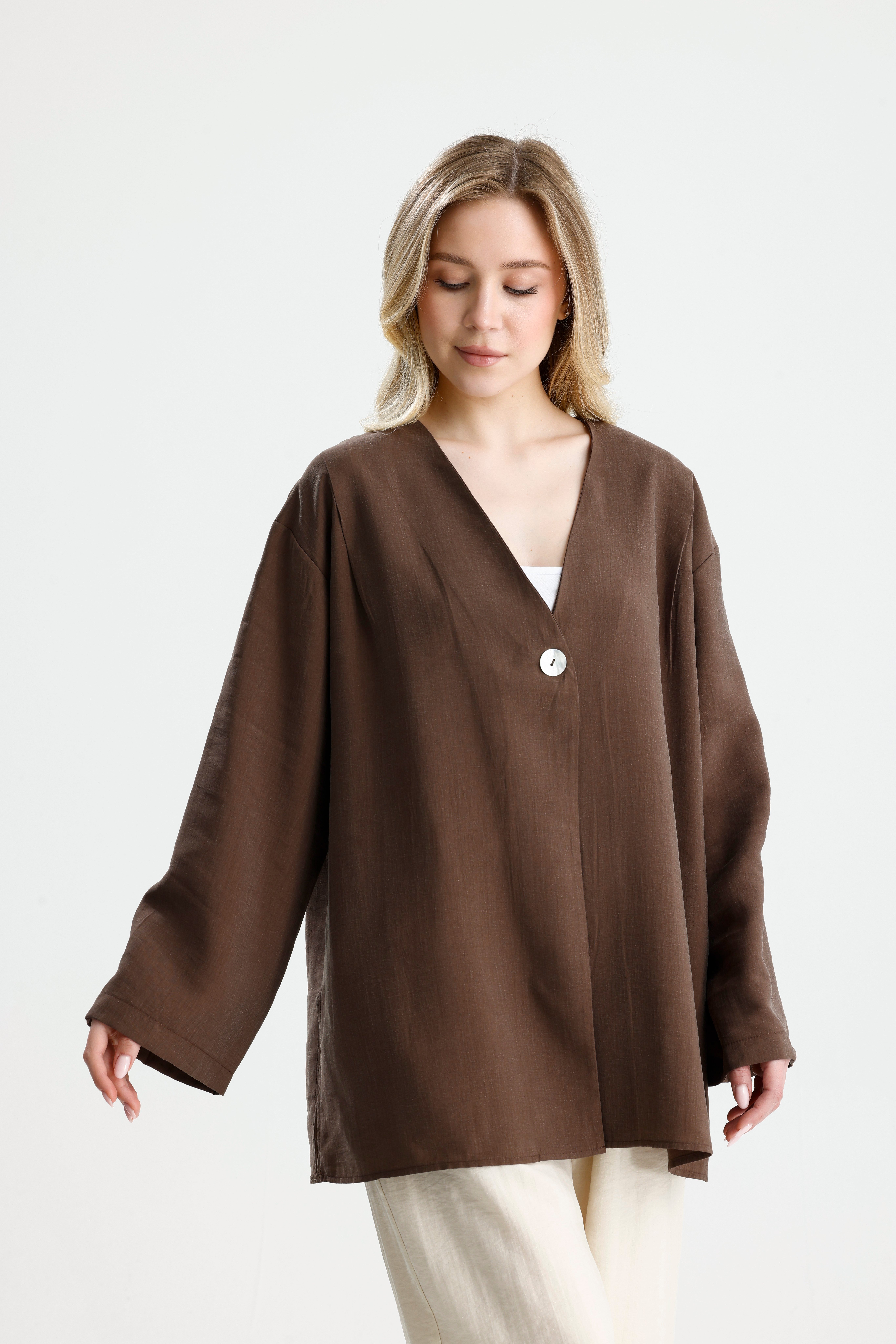 Kadın Kahve Premium Kumaş Oversize kimono 31099