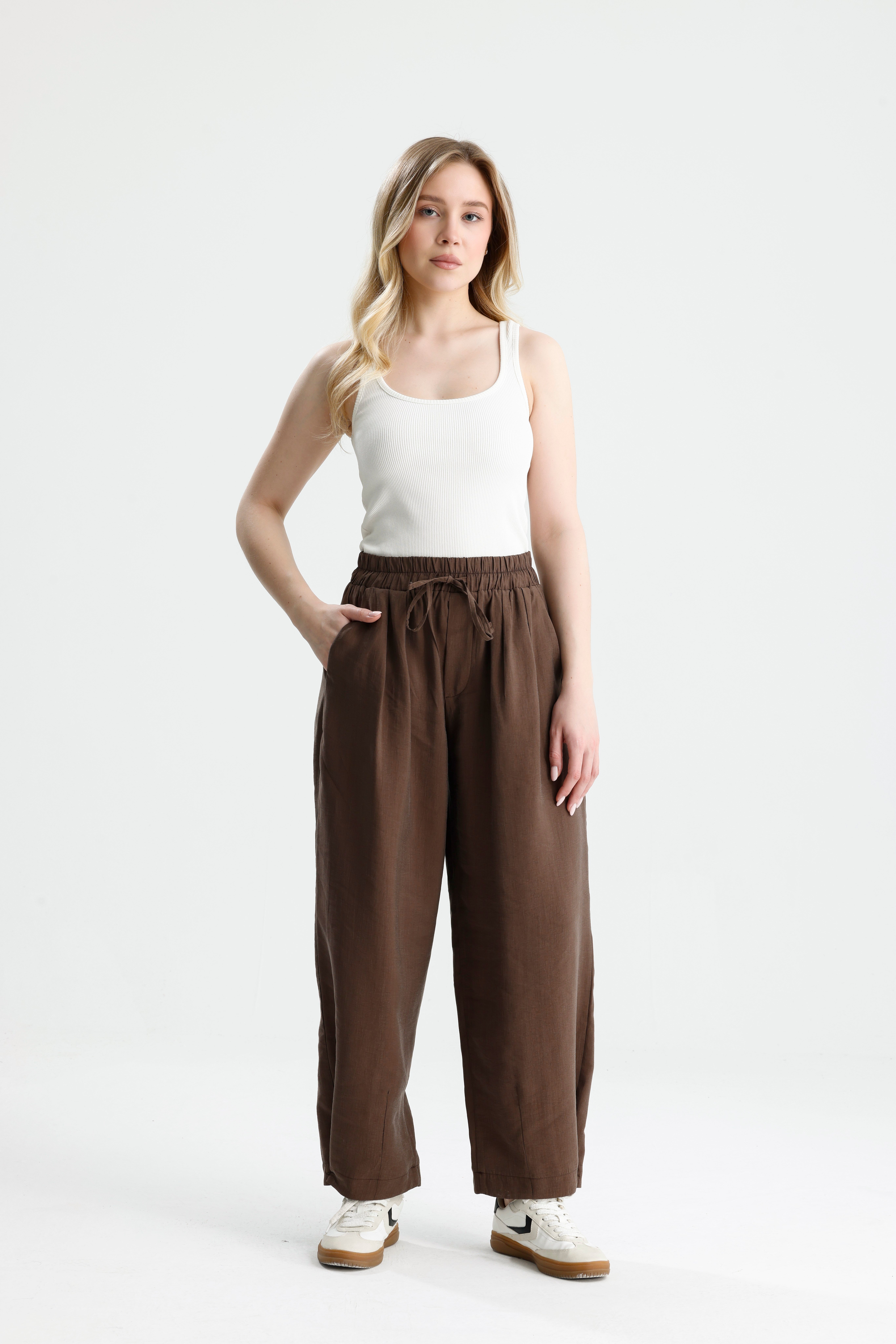 Kadın Kahve  Premium Kumaş Oversize Pantolon 31085