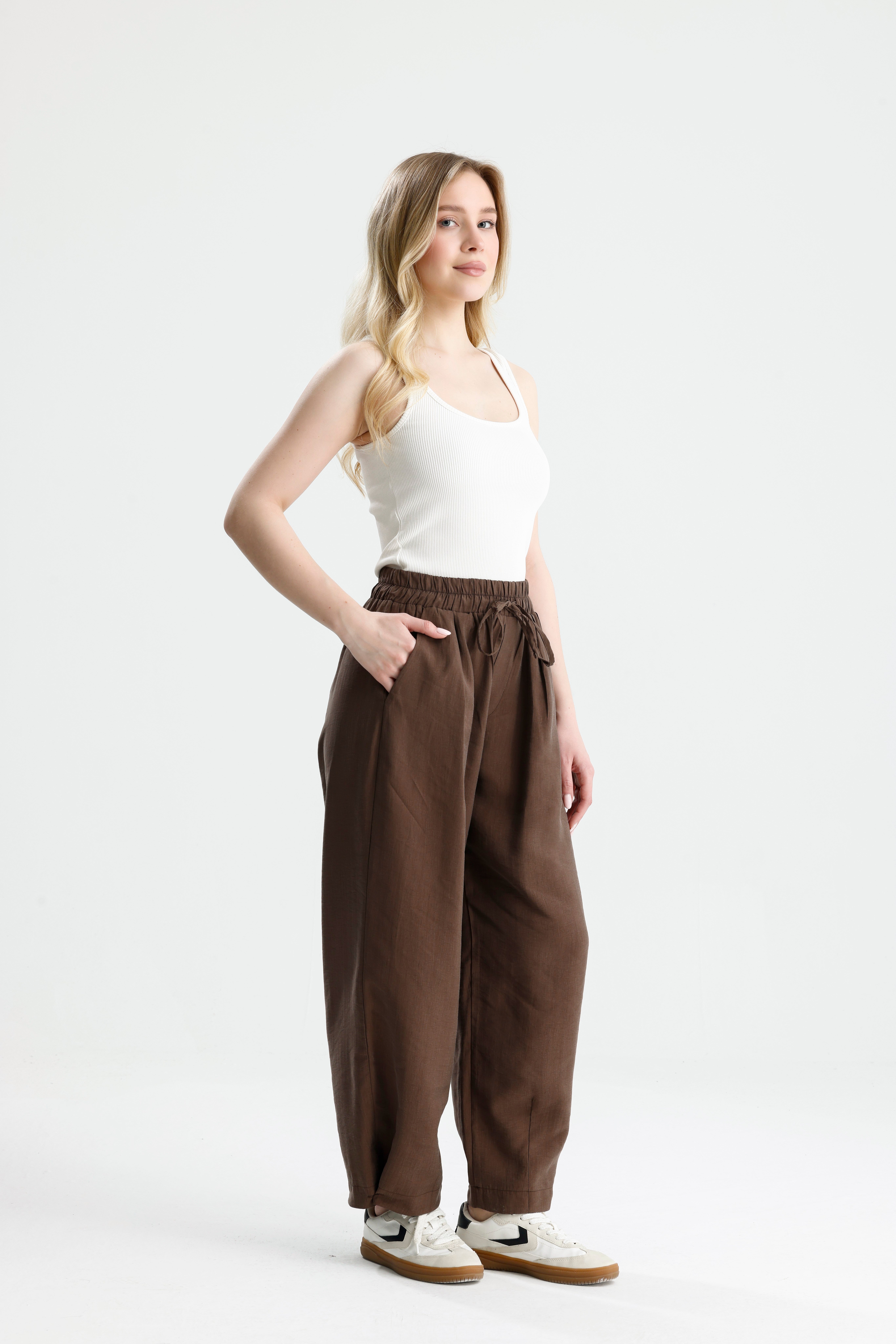 Kadın Kahve  Premium Kumaş Oversize Pantolon 31085