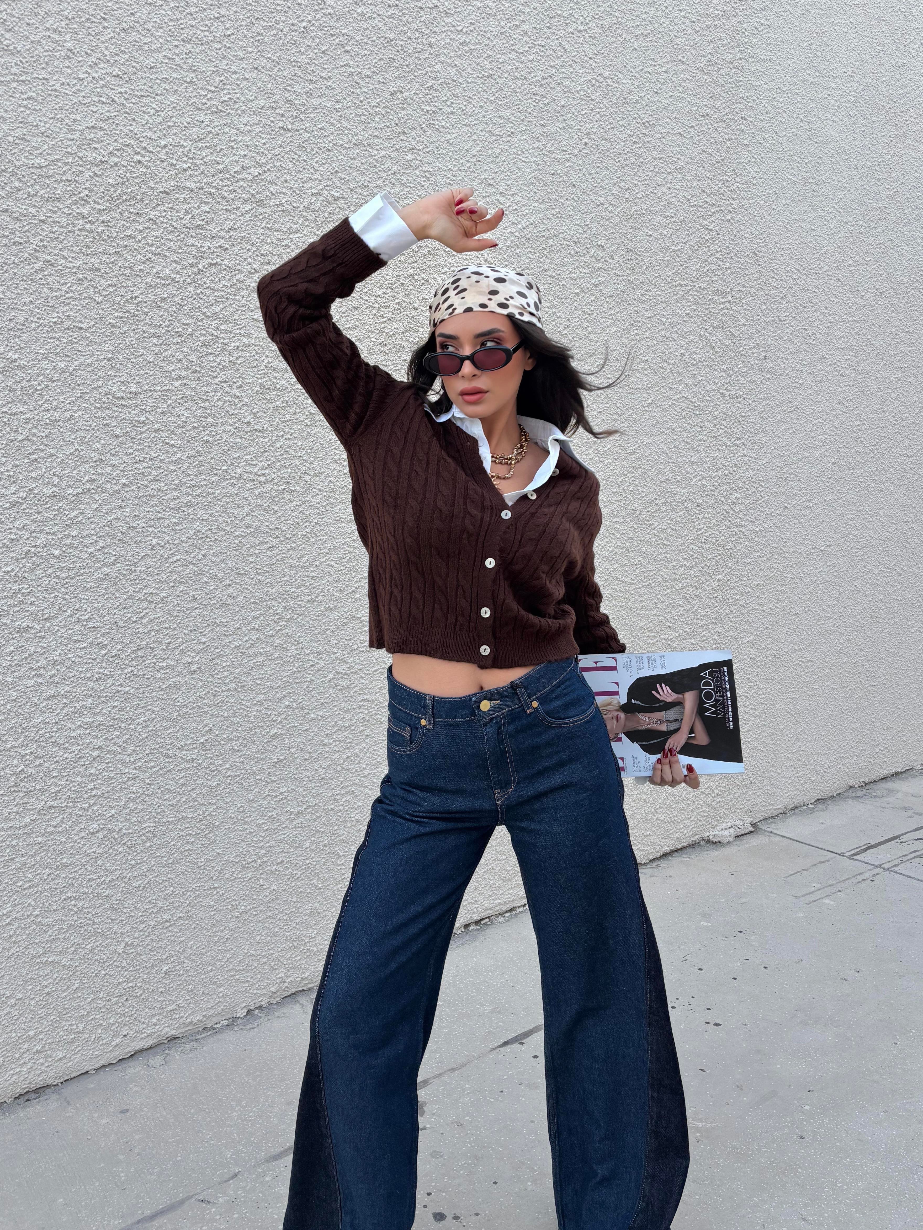 Kadın Kahve Saç Örgü Taş Düğmeli Kısa Hırka 30033