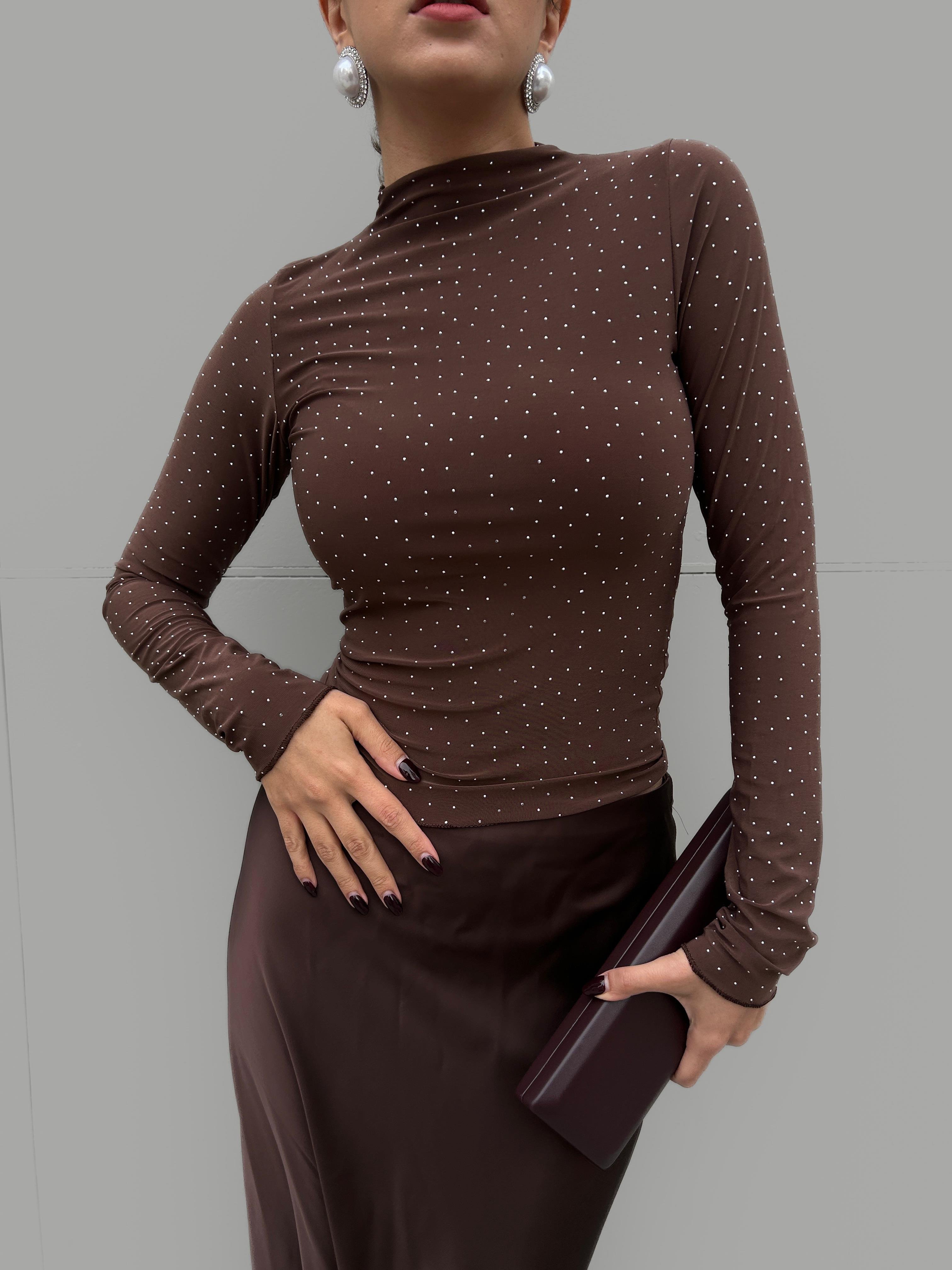 Kadın Kahve Sandy Kumaş Taşlı Bluz 30098