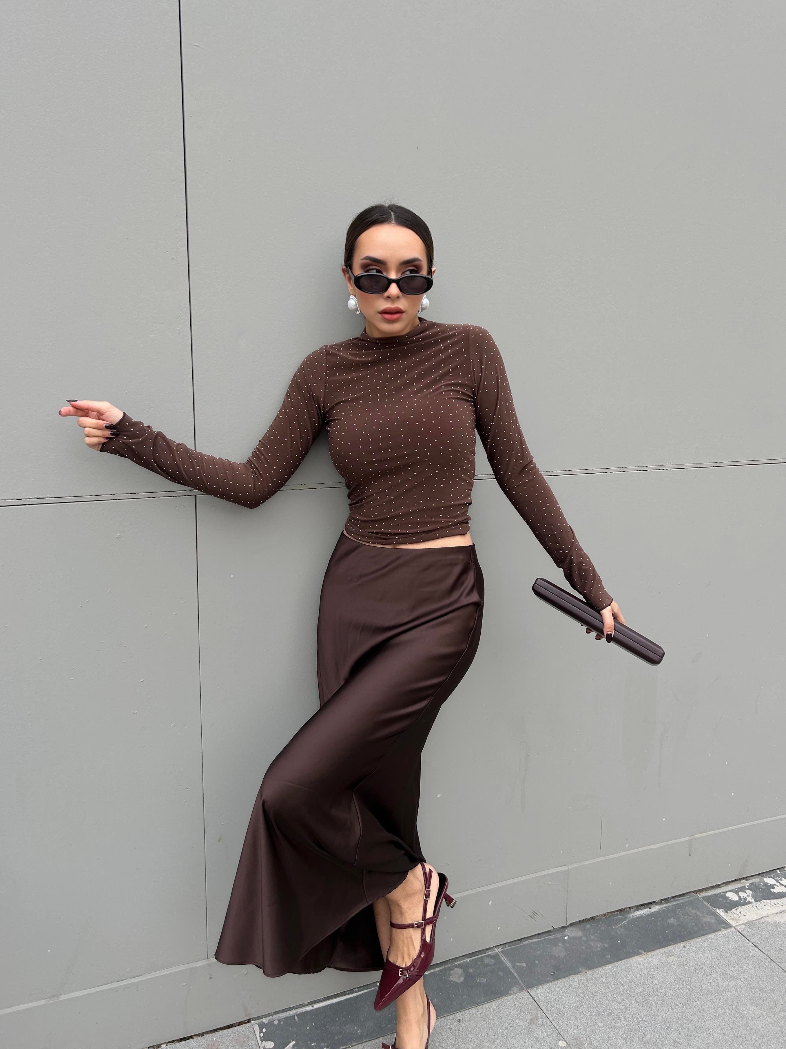 Kadın Kahve Sandy Kumaş Taşlı Bluz 30098