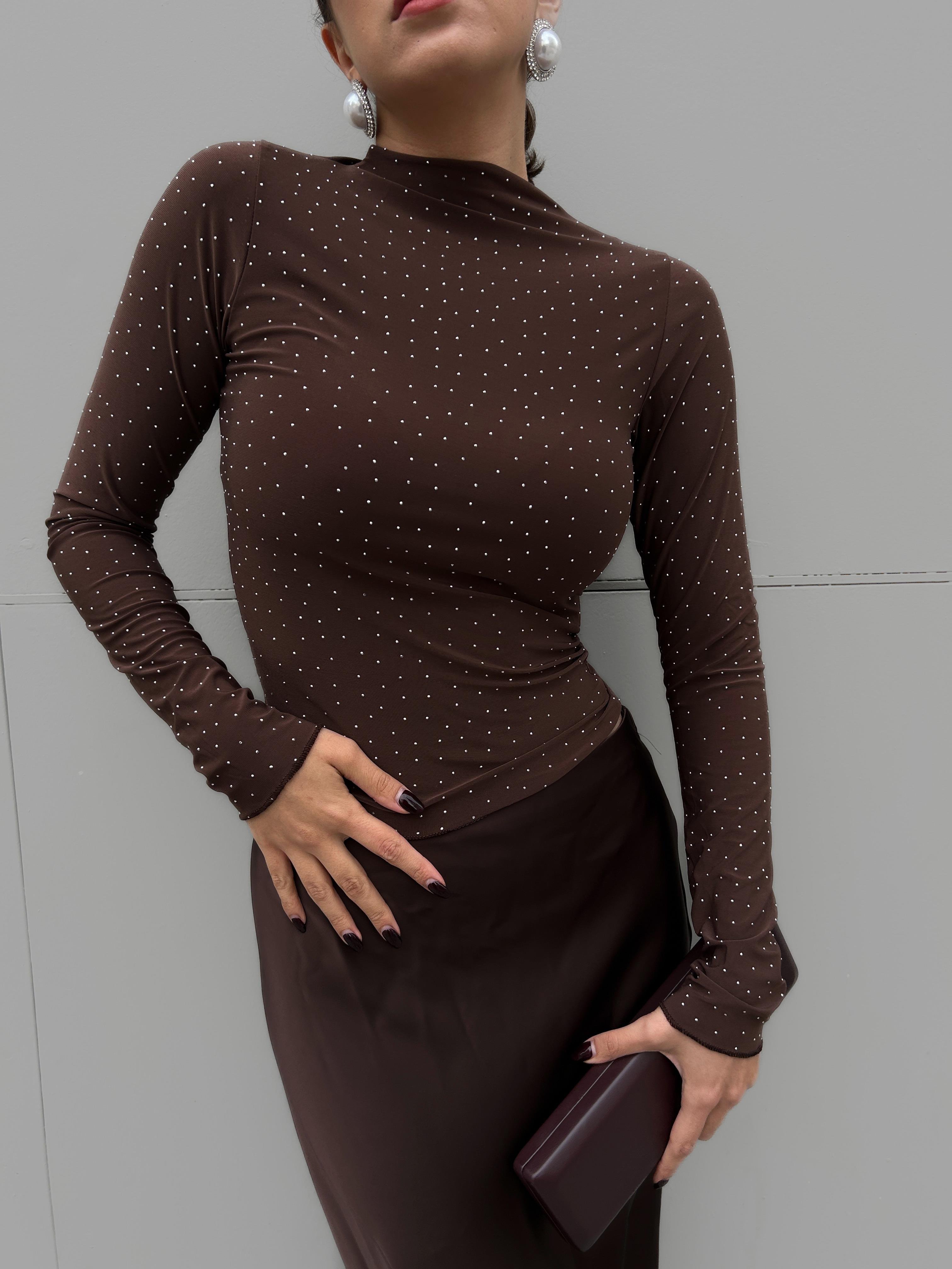 Kadın Kahve Sandy Kumaş Taşlı Bluz 30098