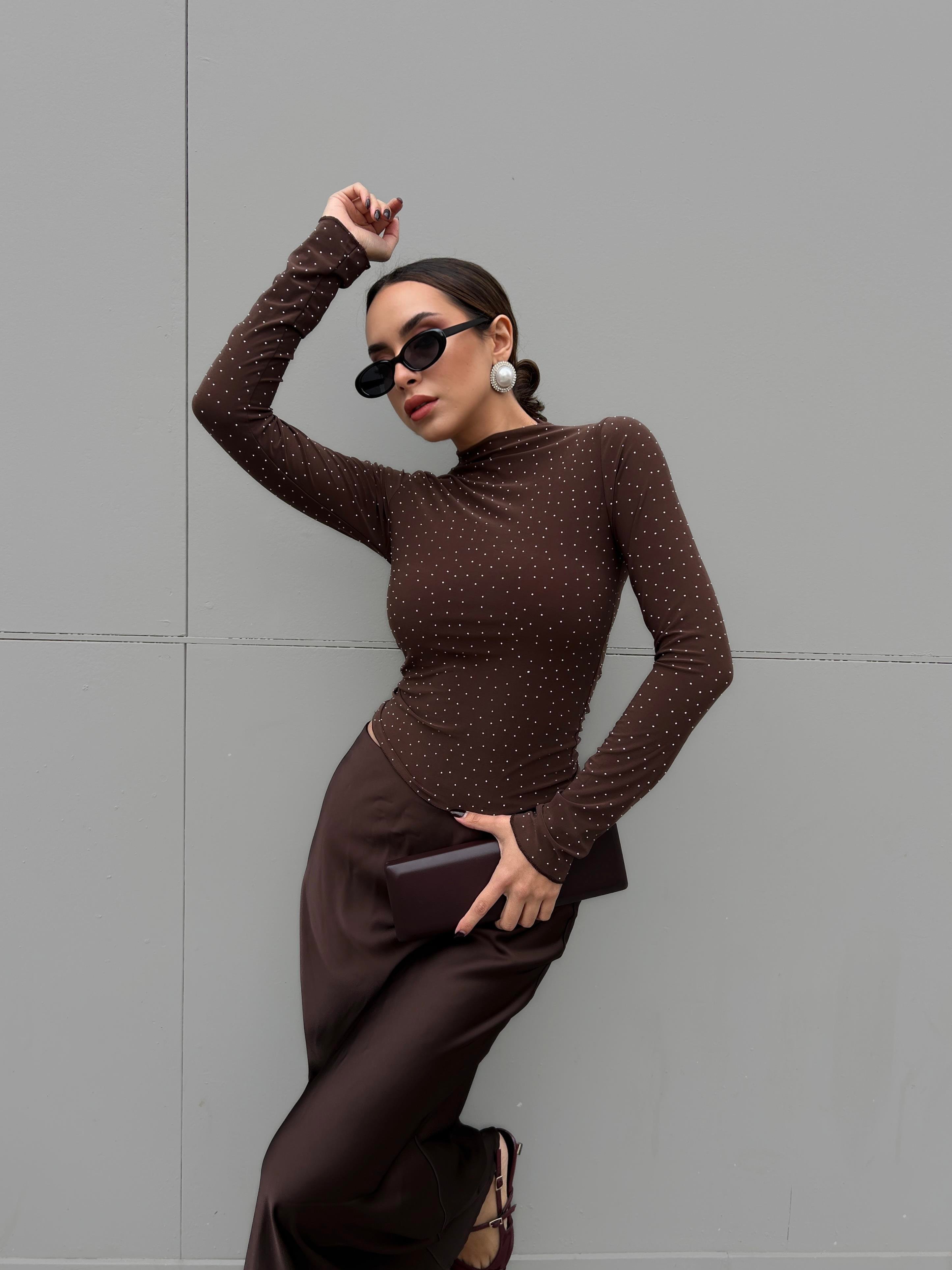 Kadın Kahve Sandy Kumaş Taşlı Bluz 30098