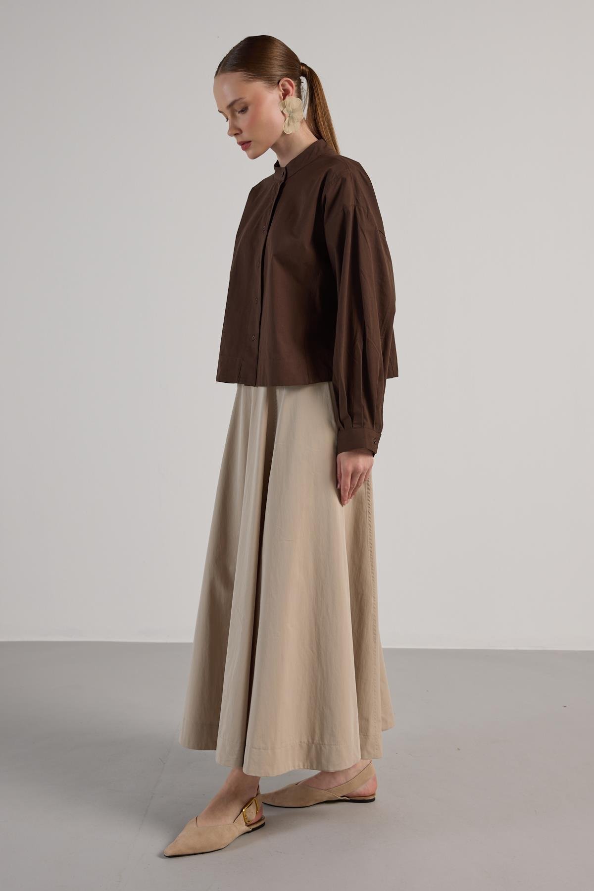 Kadın Kahve Tasarım Oversize Kısa Gömlek 30019