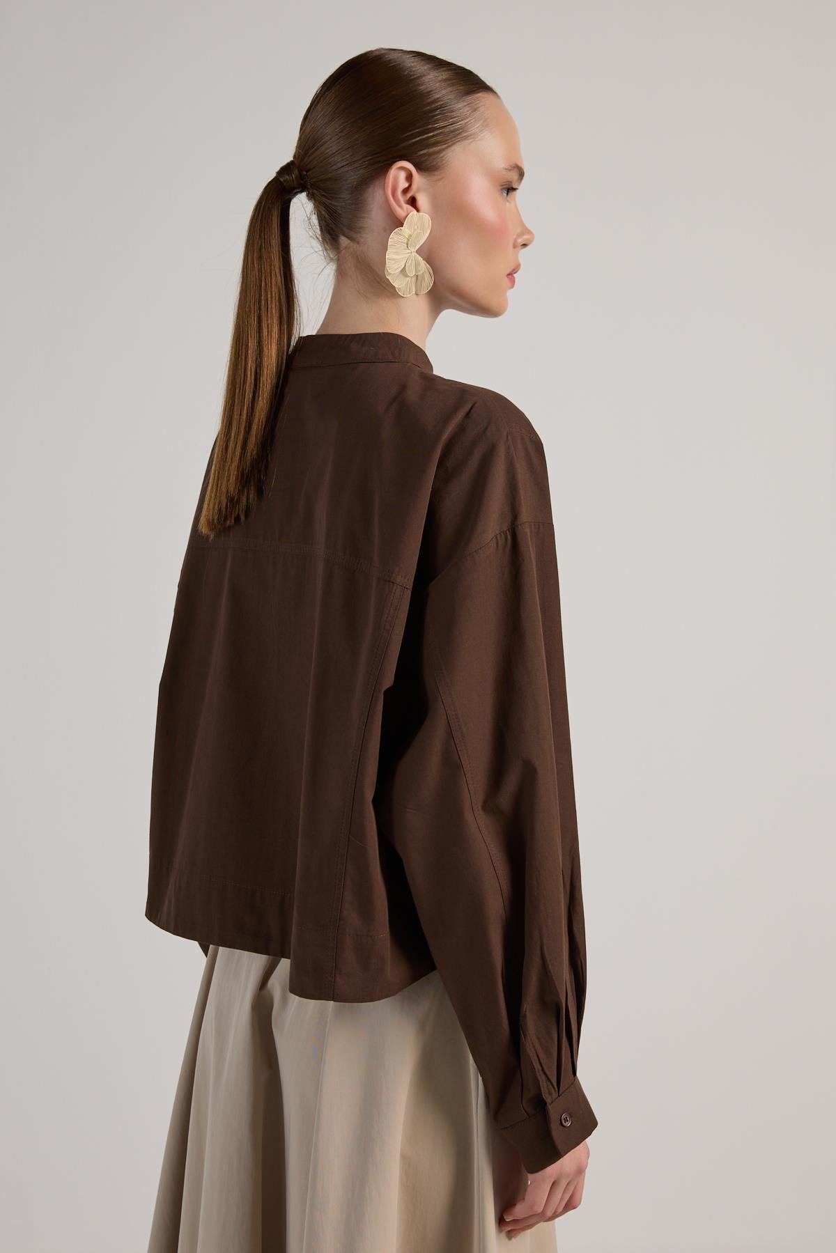 Kadın Kahve Tasarım Oversize Kısa Gömlek 30019