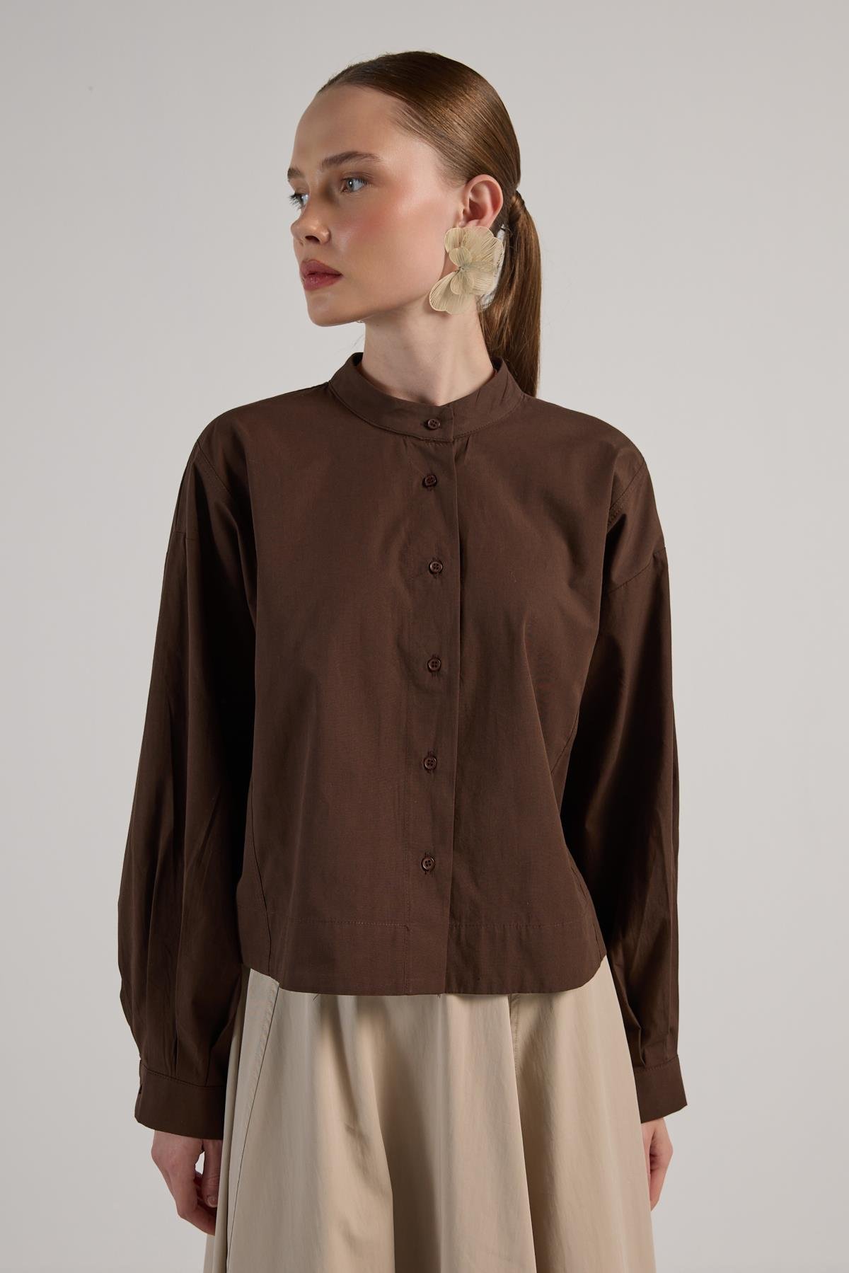 Kadın Kahve Tasarım Oversize Kısa Gömlek 30019