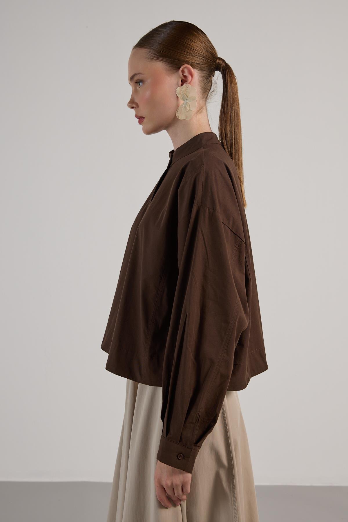 Kadın Kahve Tasarım Oversize Kısa Gömlek 30019