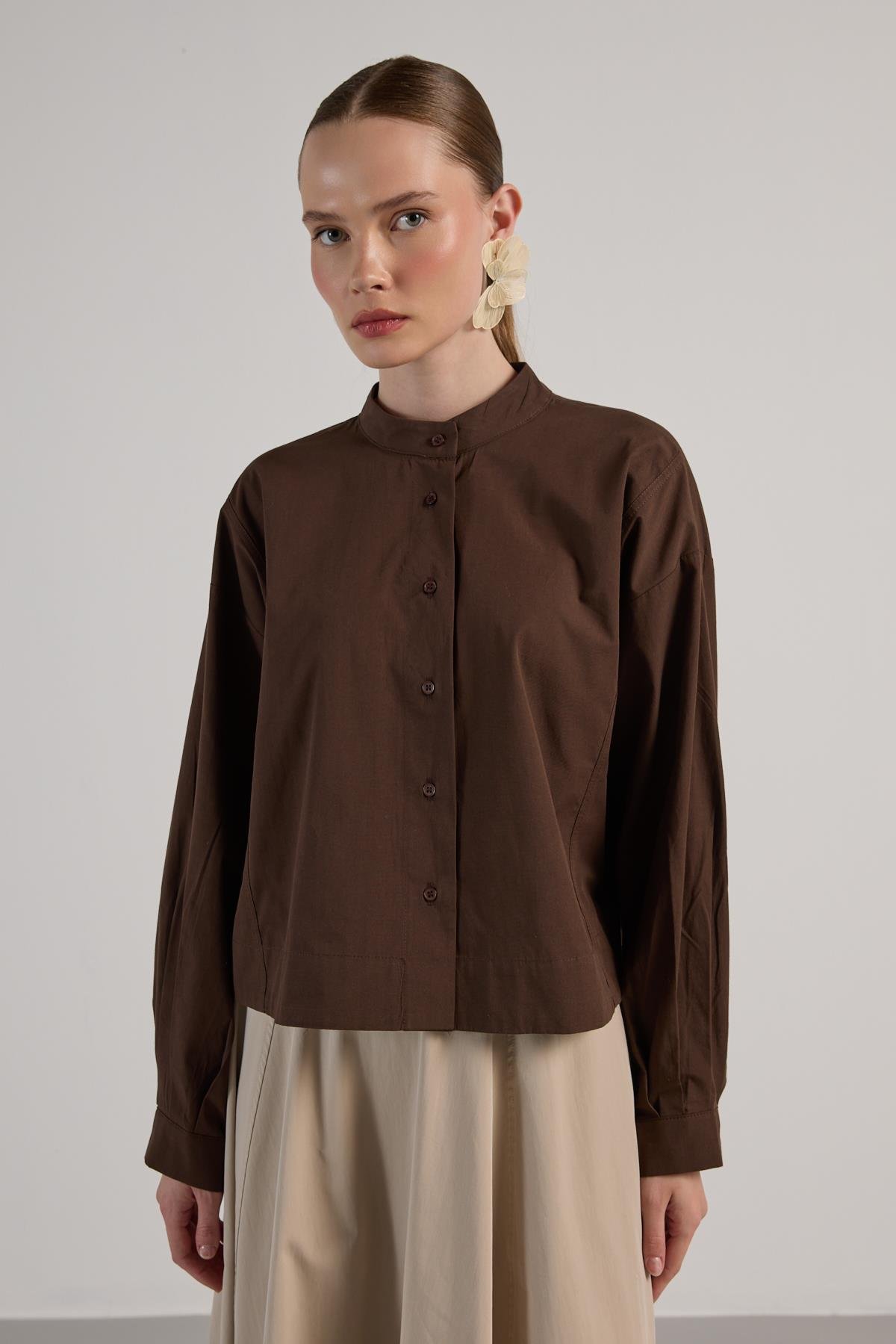 Kadın Kahve Tasarım Oversize Kısa Gömlek 30019