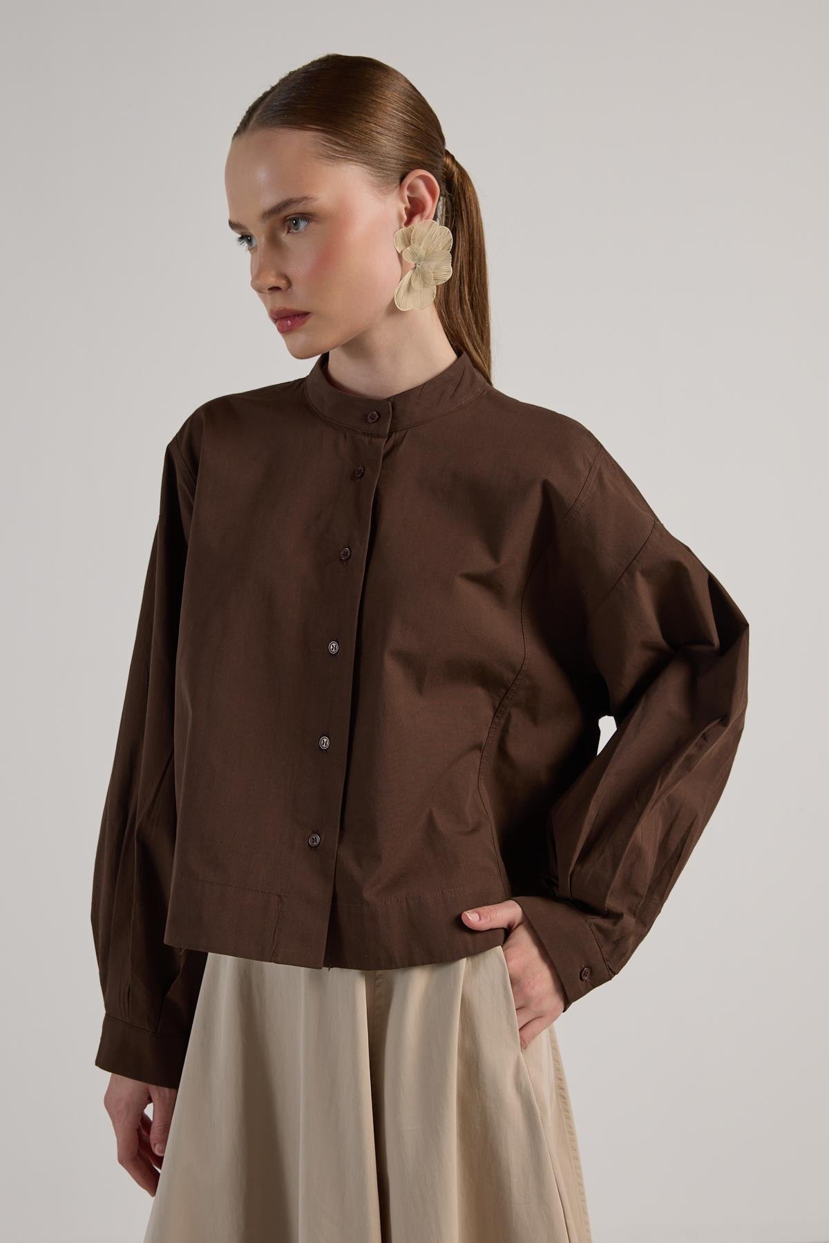 Kadın Kahve Tasarım Oversize Kısa Gömlek 30019