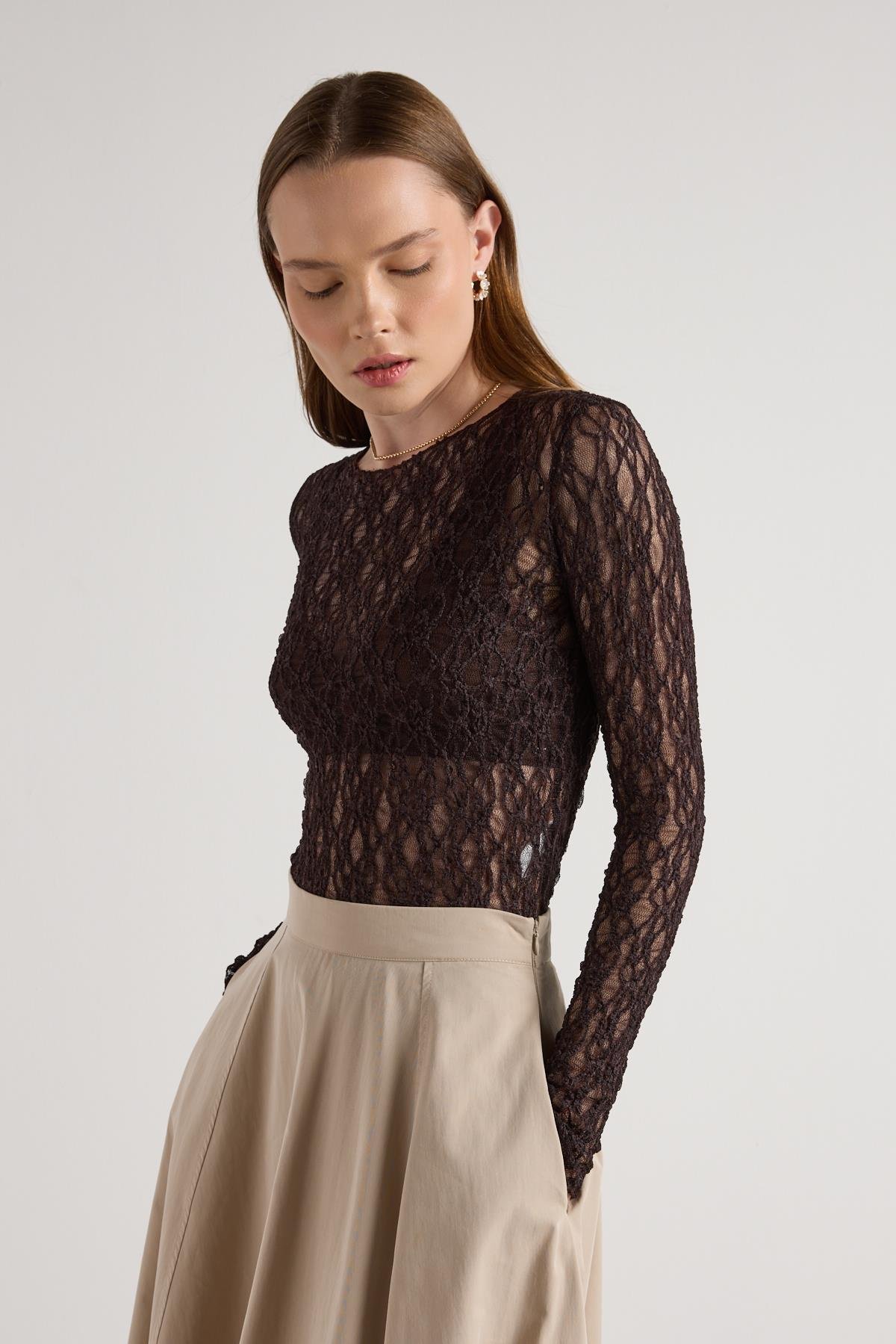 Kadın Kahve Transparan Dantel Kısa Likralı Bluz 30051