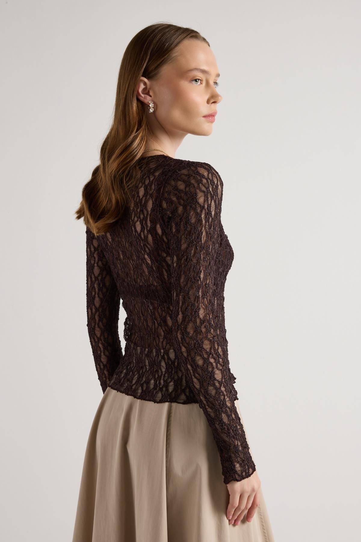 Kadın Kahve Transparan Dantel Kısa Likralı Bluz 30051