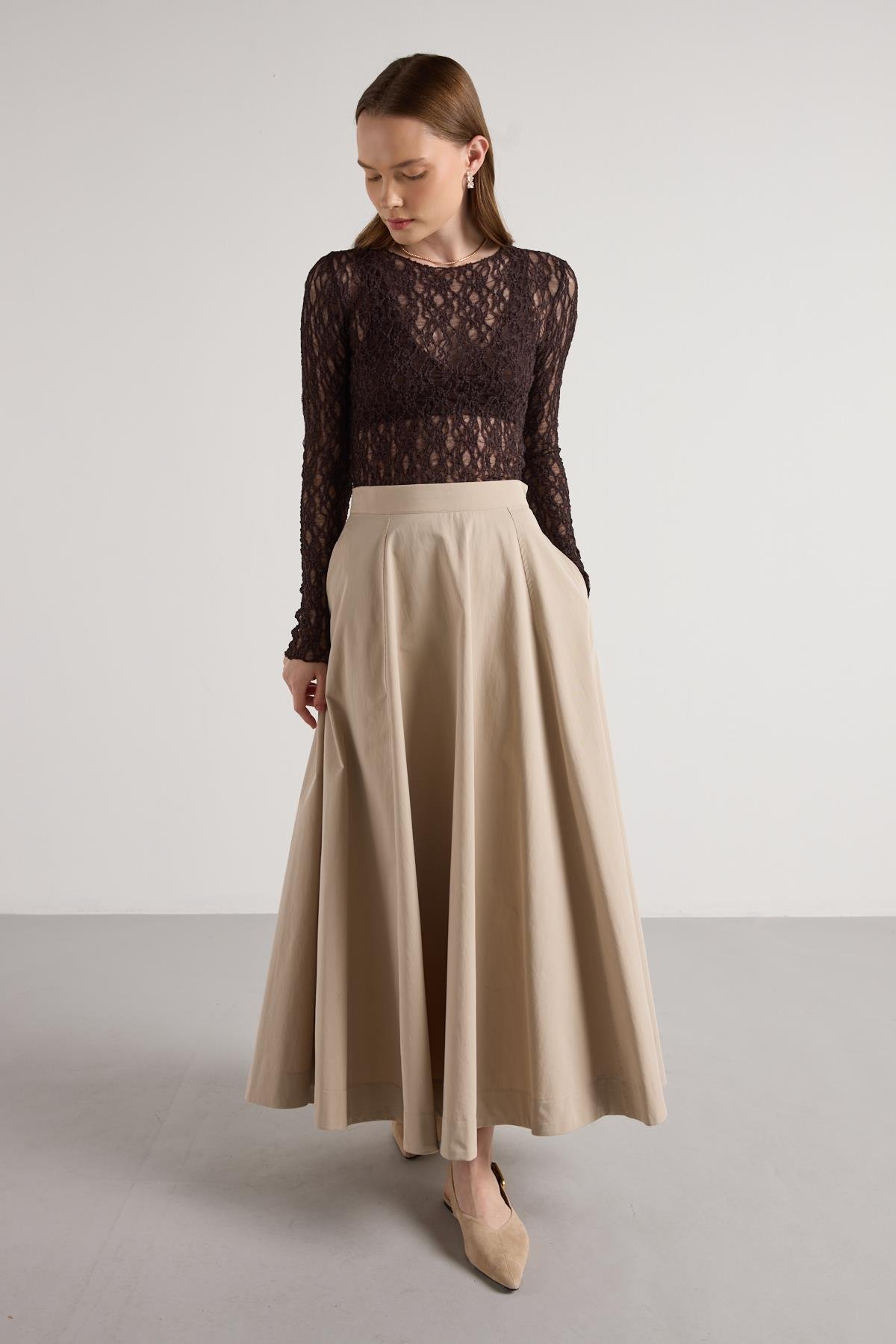 Kadın Kahve Transparan Dantel Kısa Likralı Bluz 30051