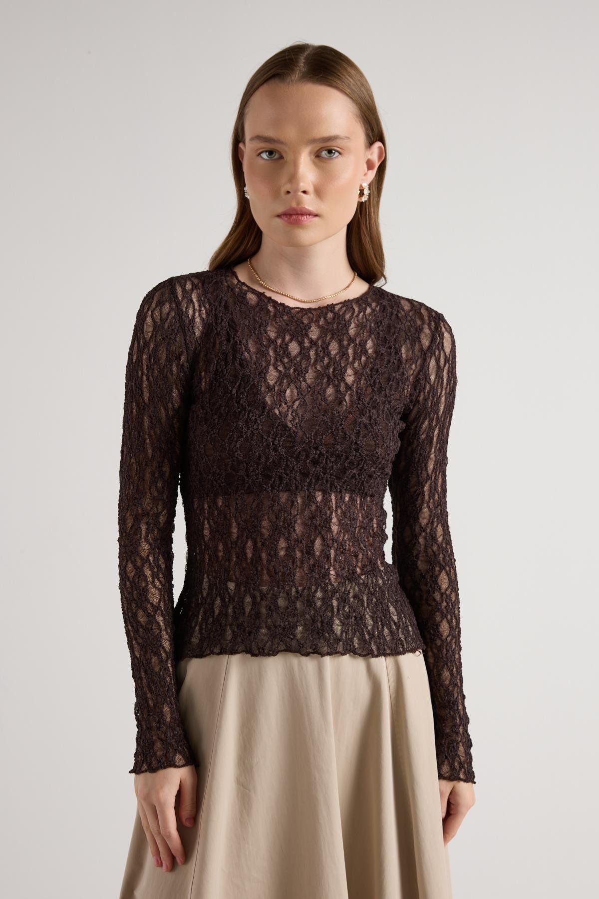 Kadın Kahve Transparan Dantel Kısa Likralı Bluz 30051