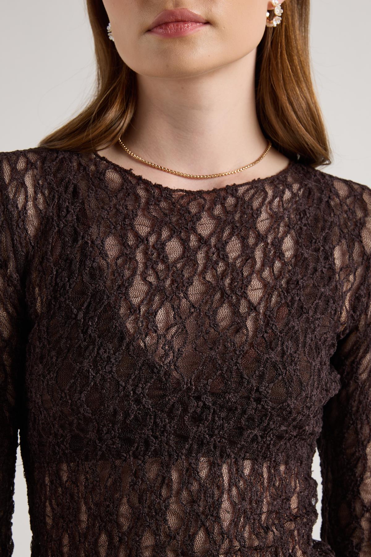 Kadın Kahve Transparan Dantel Kısa Likralı Bluz 30051