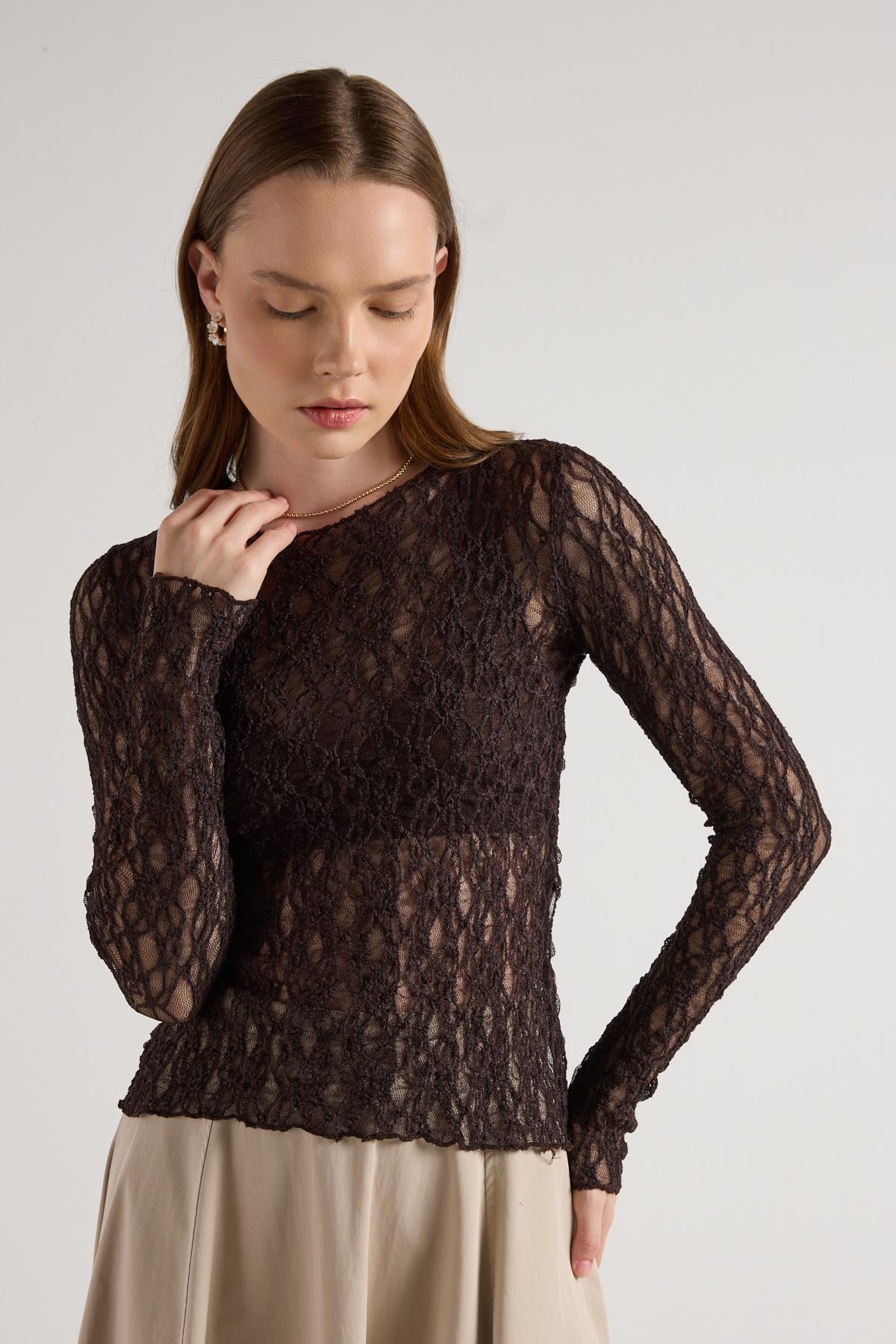 Kadın Kahve Transparan Dantel Kısa Likralı Bluz 30051
