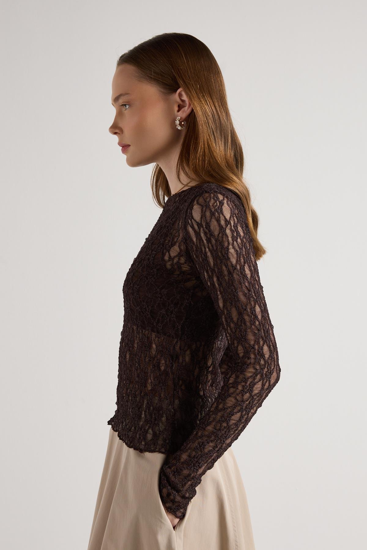 Kadın Kahve Transparan Dantel Kısa Likralı Bluz 30051