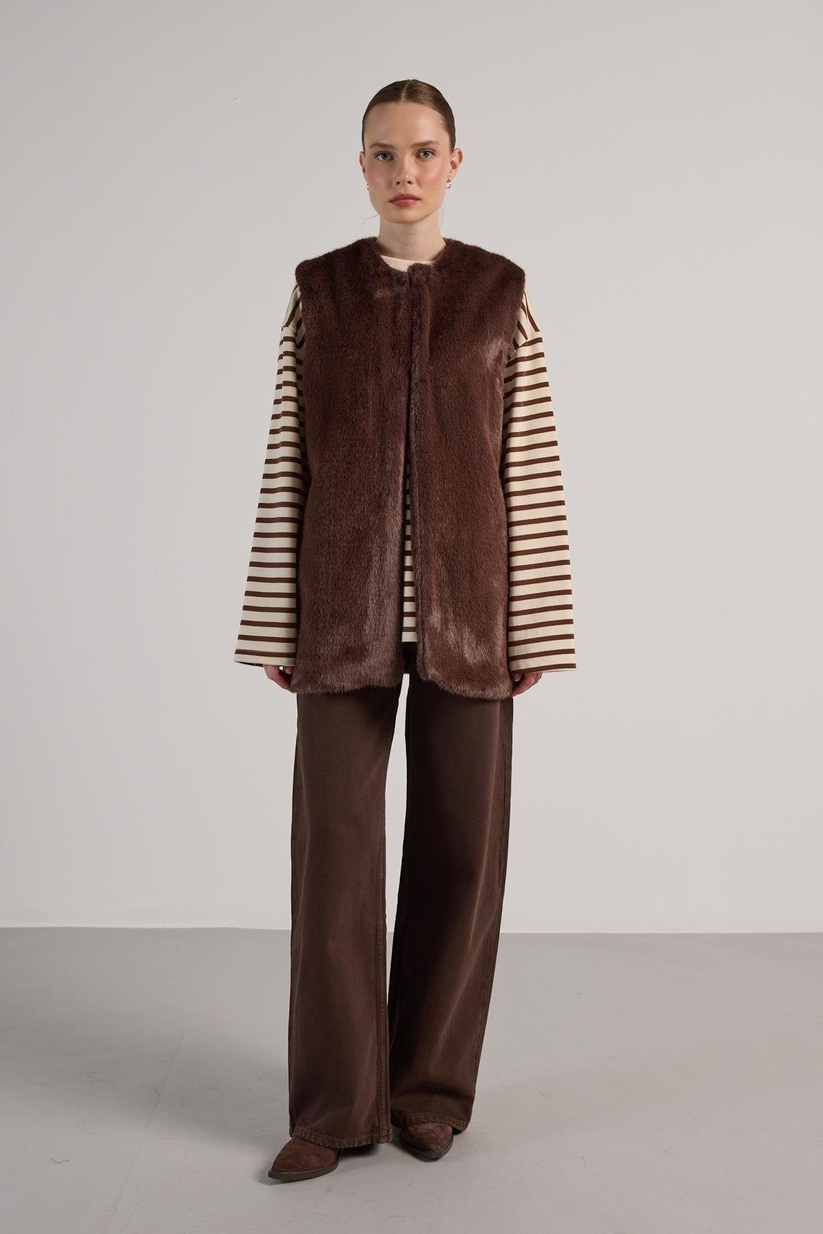 Kadın Kahve Uzun Astarlı Kürk Yelek 30072
