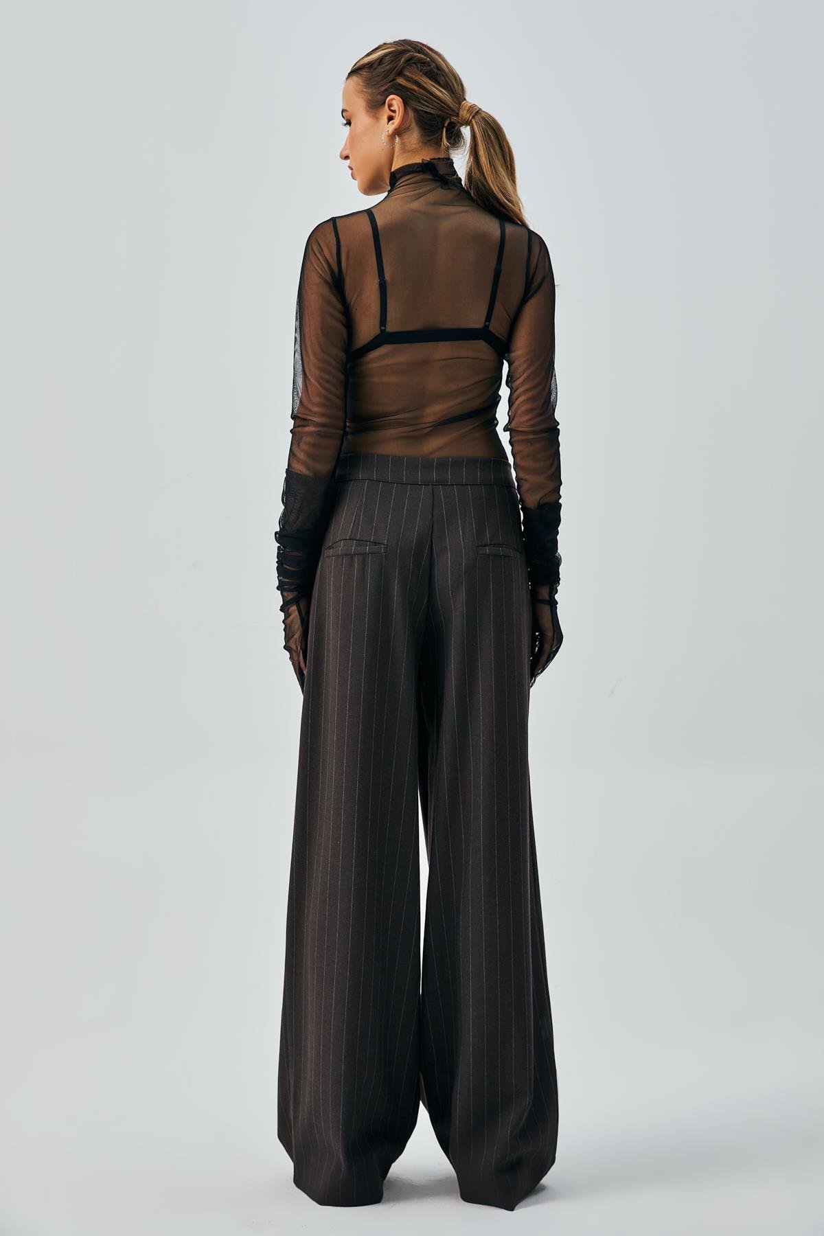 Kadın Kahve Yün Poliviskon Çizgili Palazzo Pantolon 28078