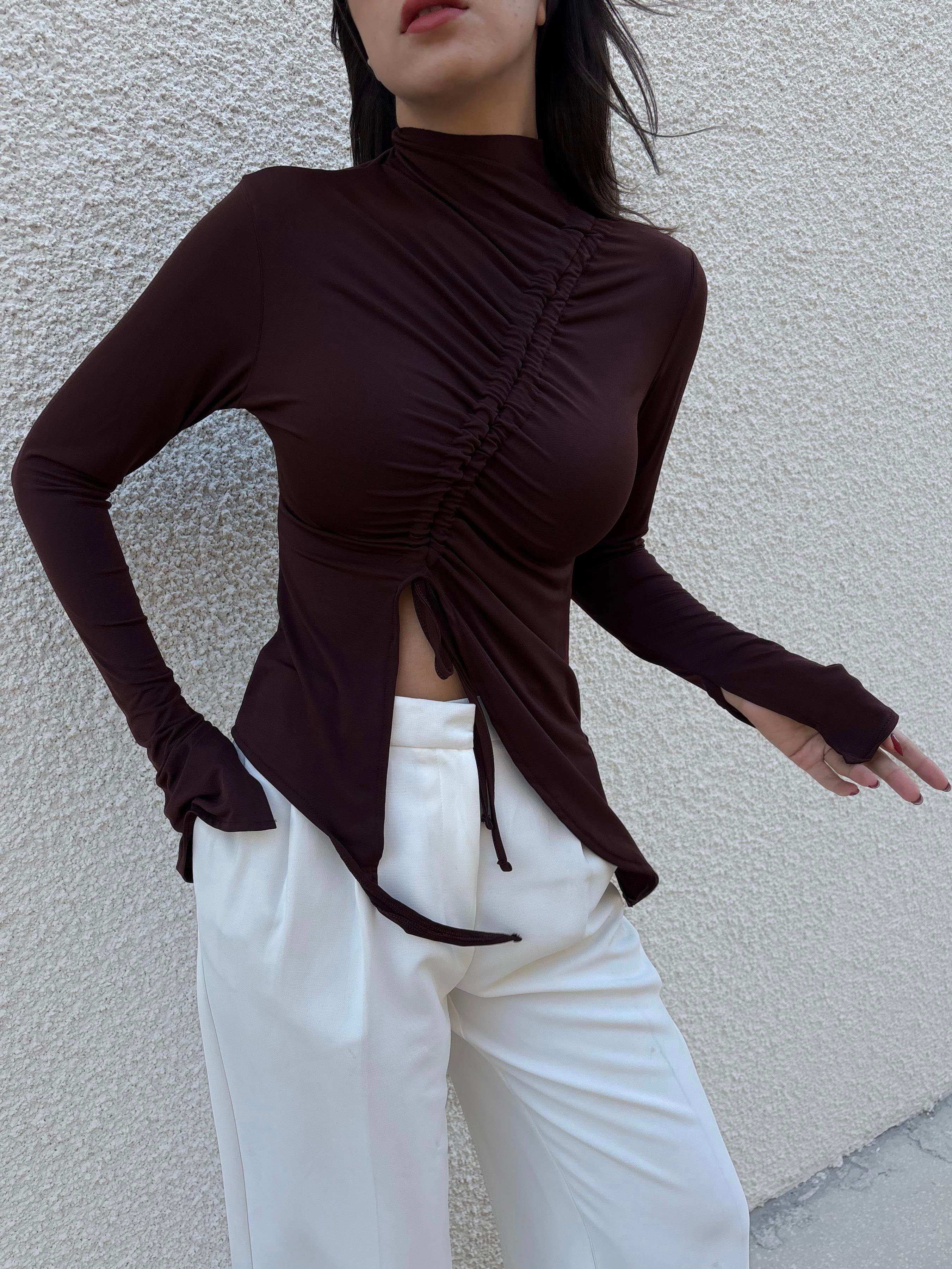 Kadın Kahverengi Önden Büzgülü Dar Kesim Body 28284