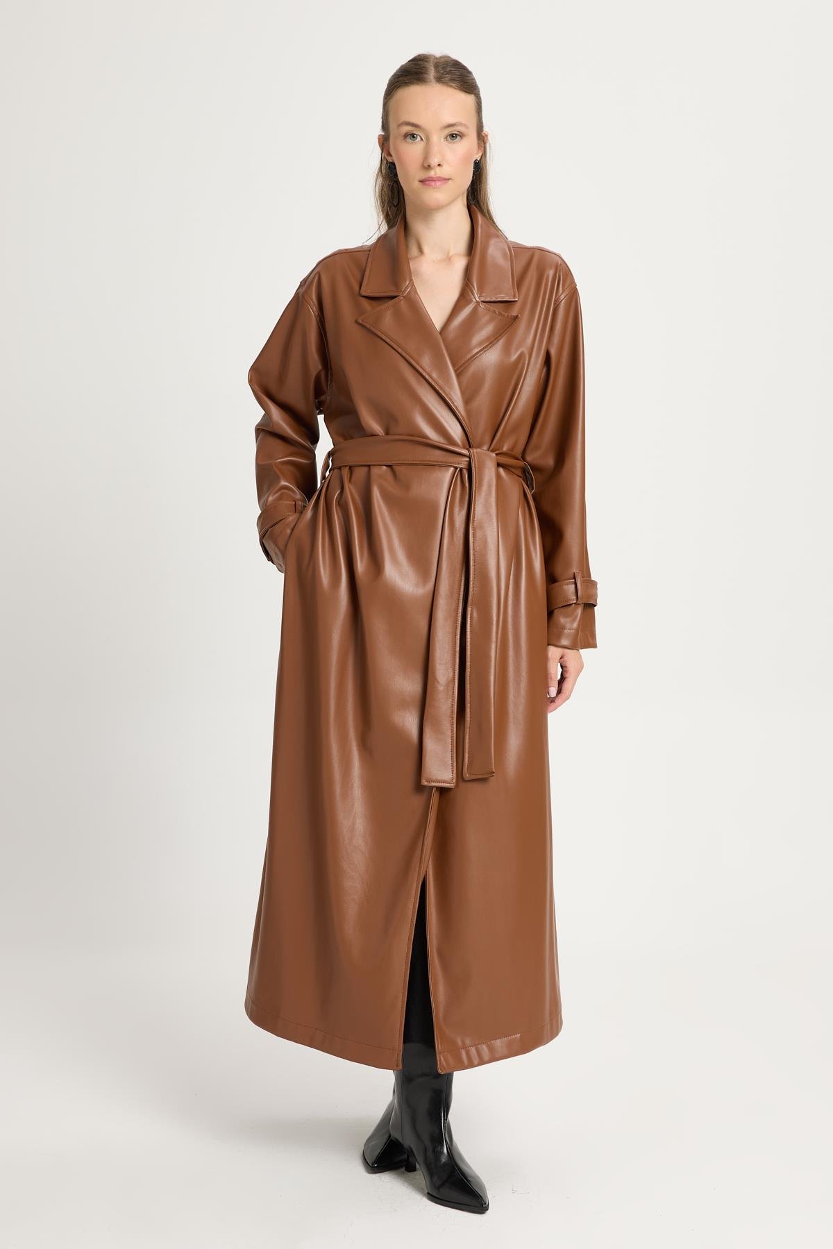 Kadın Kahverengi Oversize Astarsız Tam Boy Deri Trench 30022