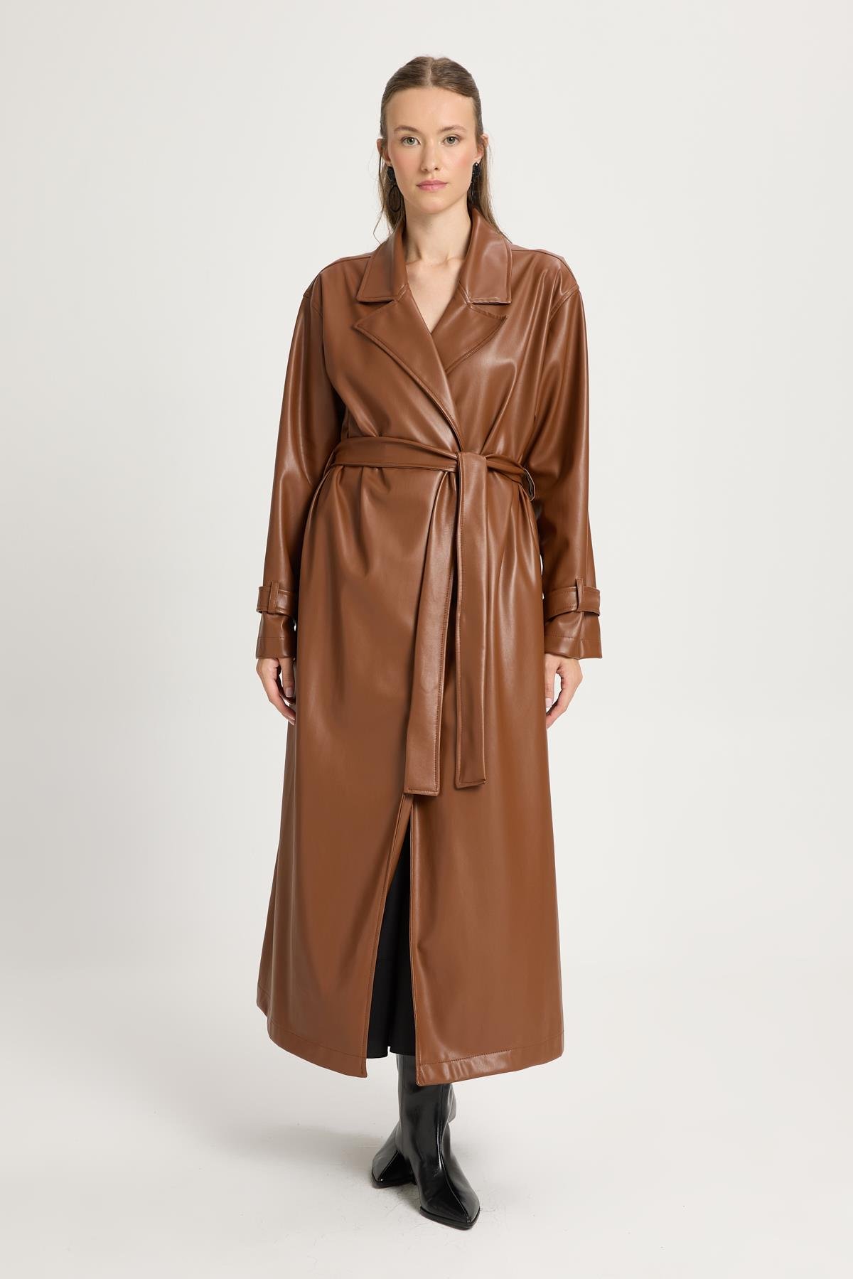 Kadın Kahverengi Oversize Astarsız Tam Boy Deri Trench 30022