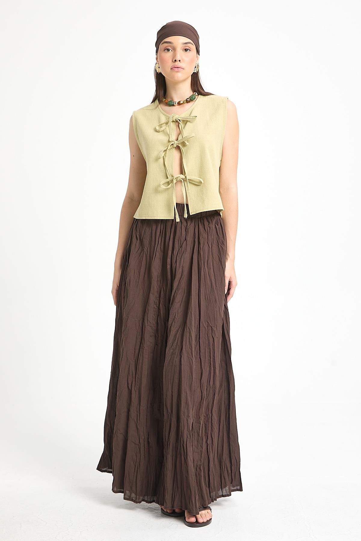 Kadın Kahverengi Vual Kumaş Kırışık Uzun Astarlı Etek 29062