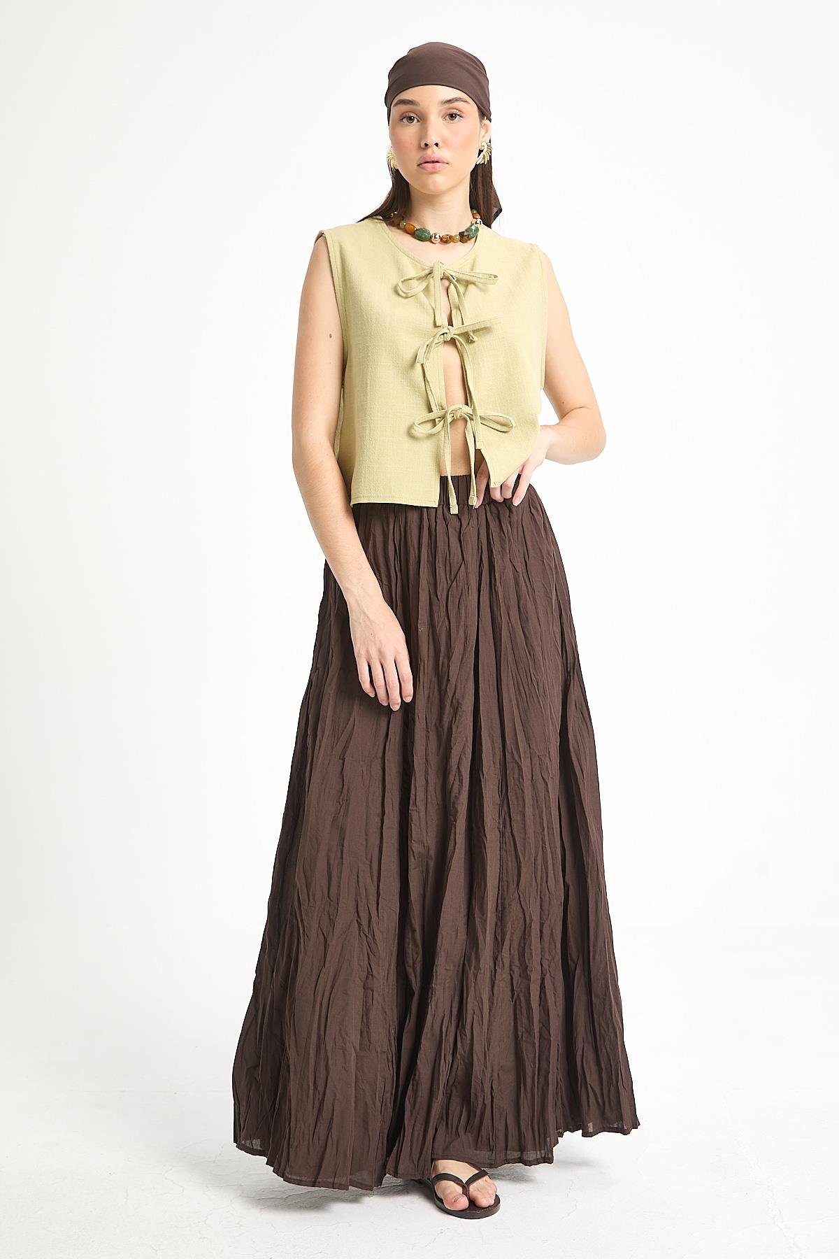 Kadın Kahverengi Vual Kumaş Kırışık Uzun Astarlı Etek 29062