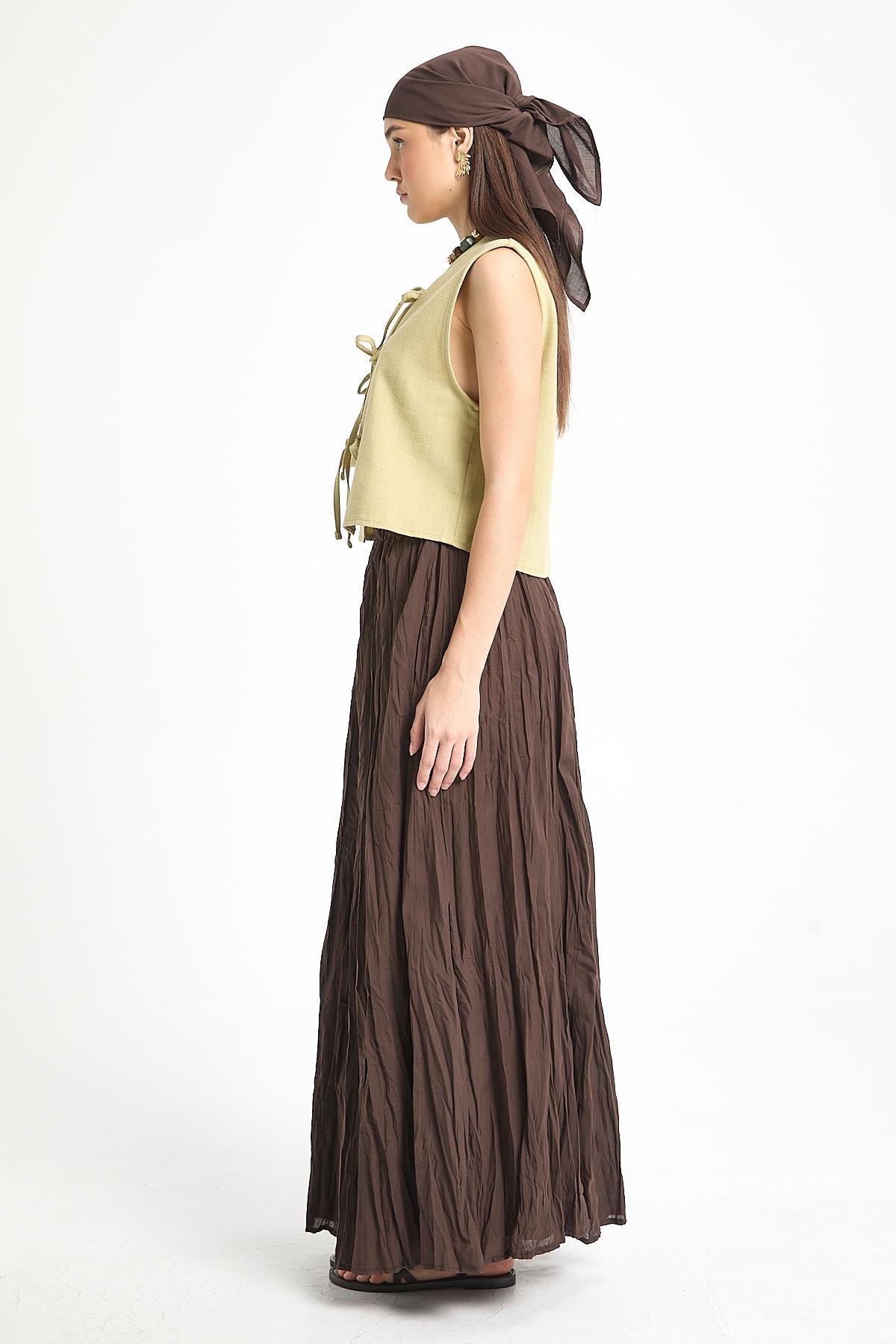 Kadın Kahverengi Vual Kumaş Kırışık Uzun Astarlı Etek 29062