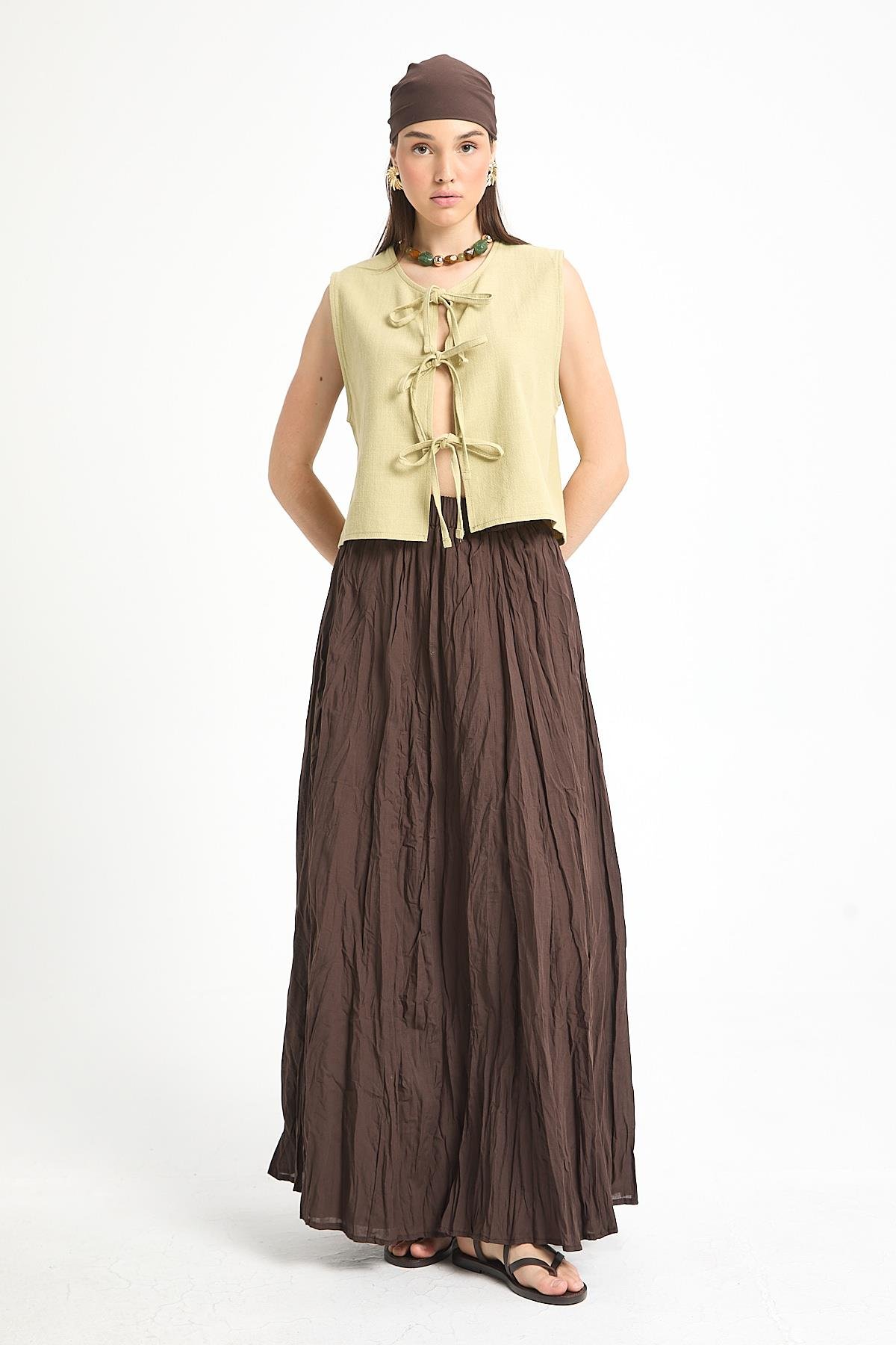 Kadın Kahverengi Vual Kumaş Kırışık Uzun Astarlı Etek 29062