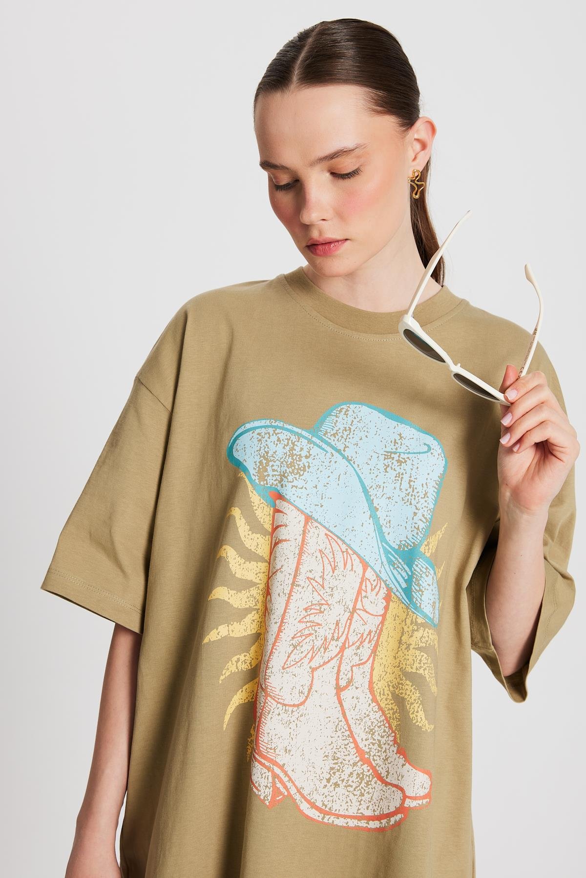 Kadın Küf Yeşili Oversize Baskılı T-shirt 29156