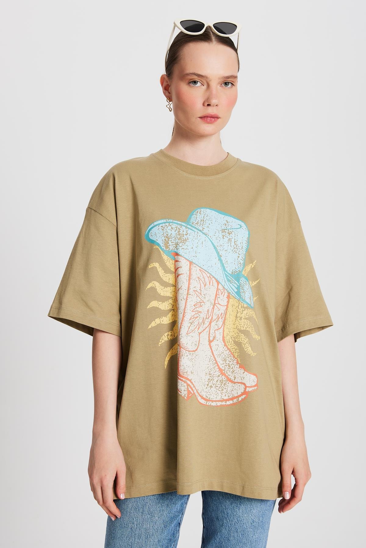 Kadın Küf Yeşili Oversize Baskılı T-shirt 29156