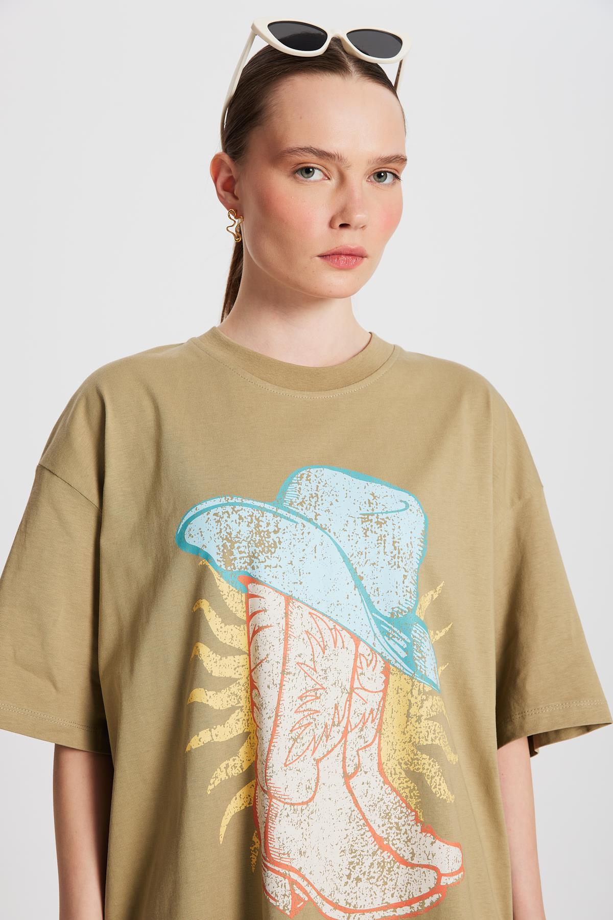 Kadın Küf Yeşili Oversize Baskılı T-shirt 29156