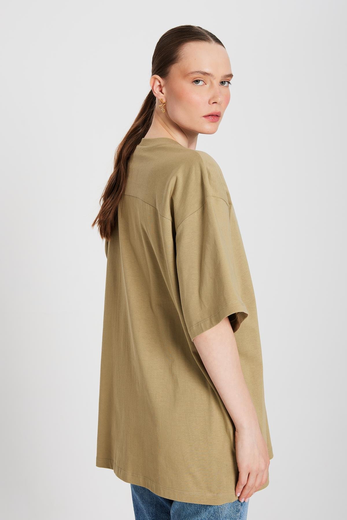 Kadın Küf Yeşili Oversize Baskılı T-shirt 29156