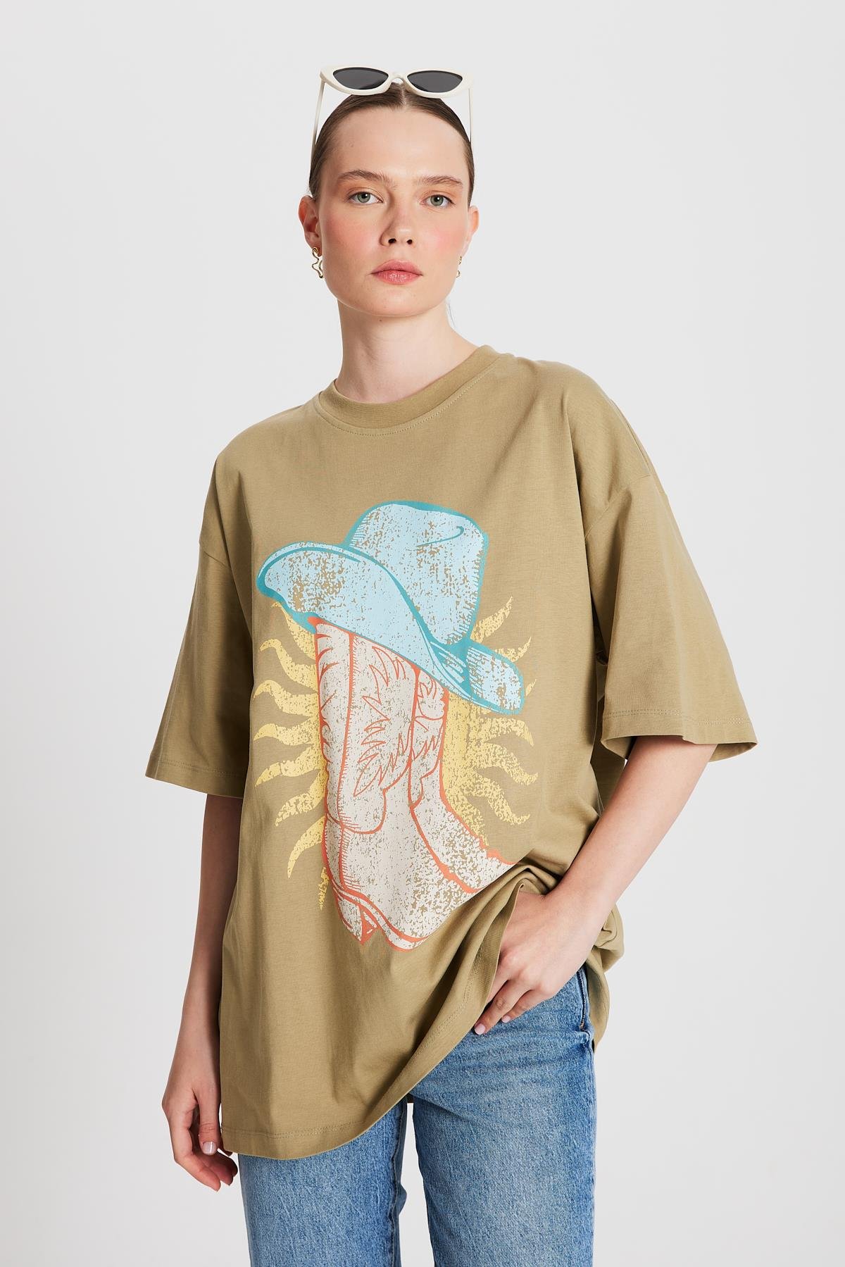 Kadın Küf Yeşili Oversize Baskılı T-shirt 29156