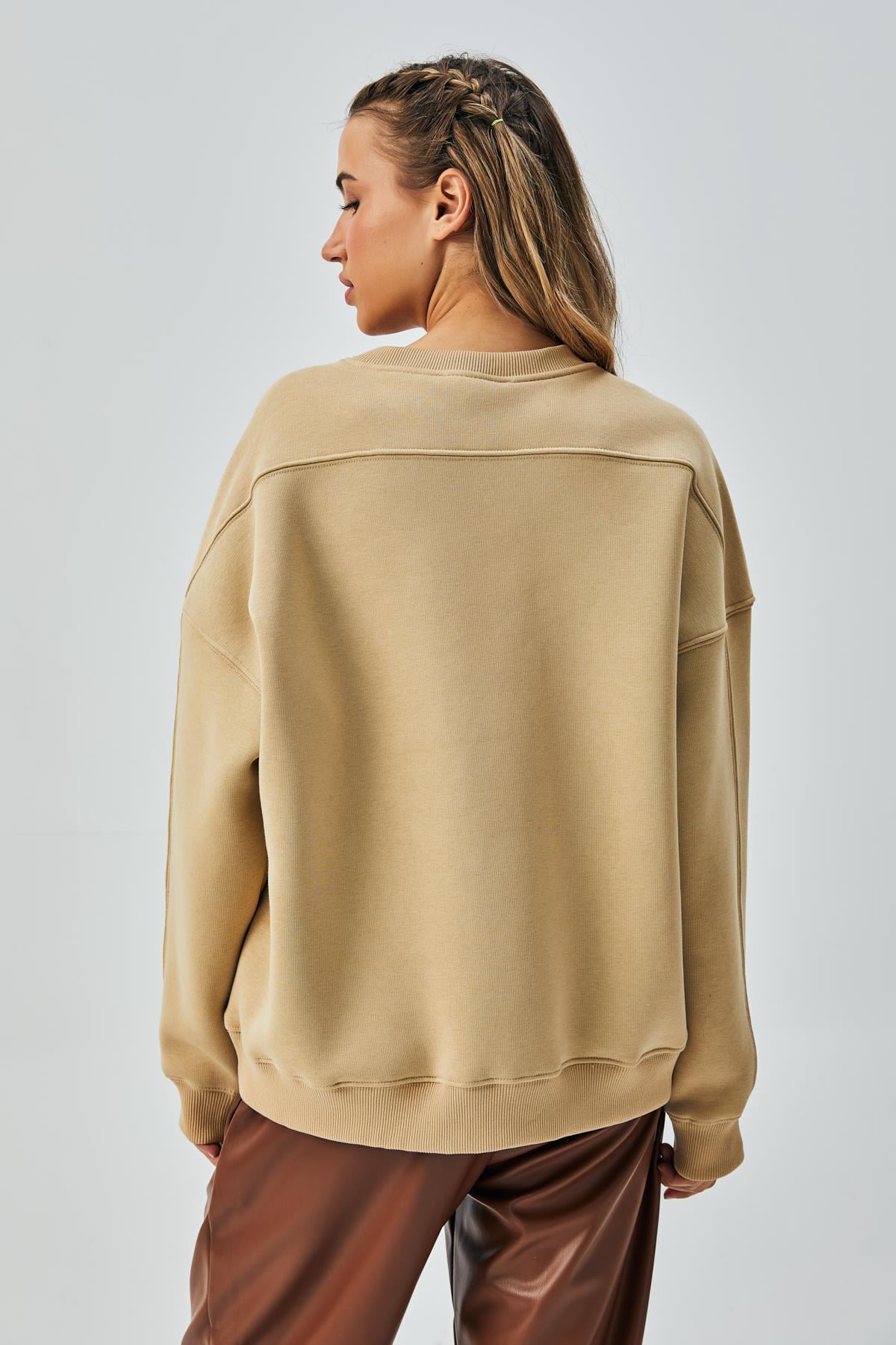 Kadın Kum Beji  3 İplik Penye Şardonlu Oversize Sweatshirt 28050
