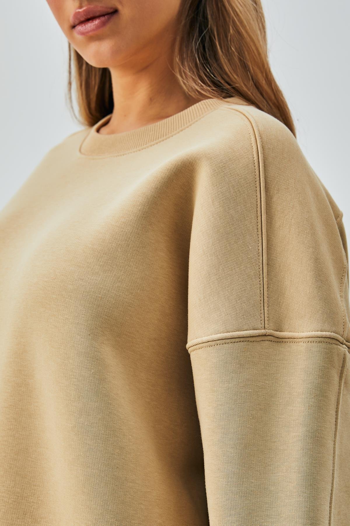 Kadın Kum Beji  3 İplik Penye Şardonlu Oversize Sweatshirt 28050