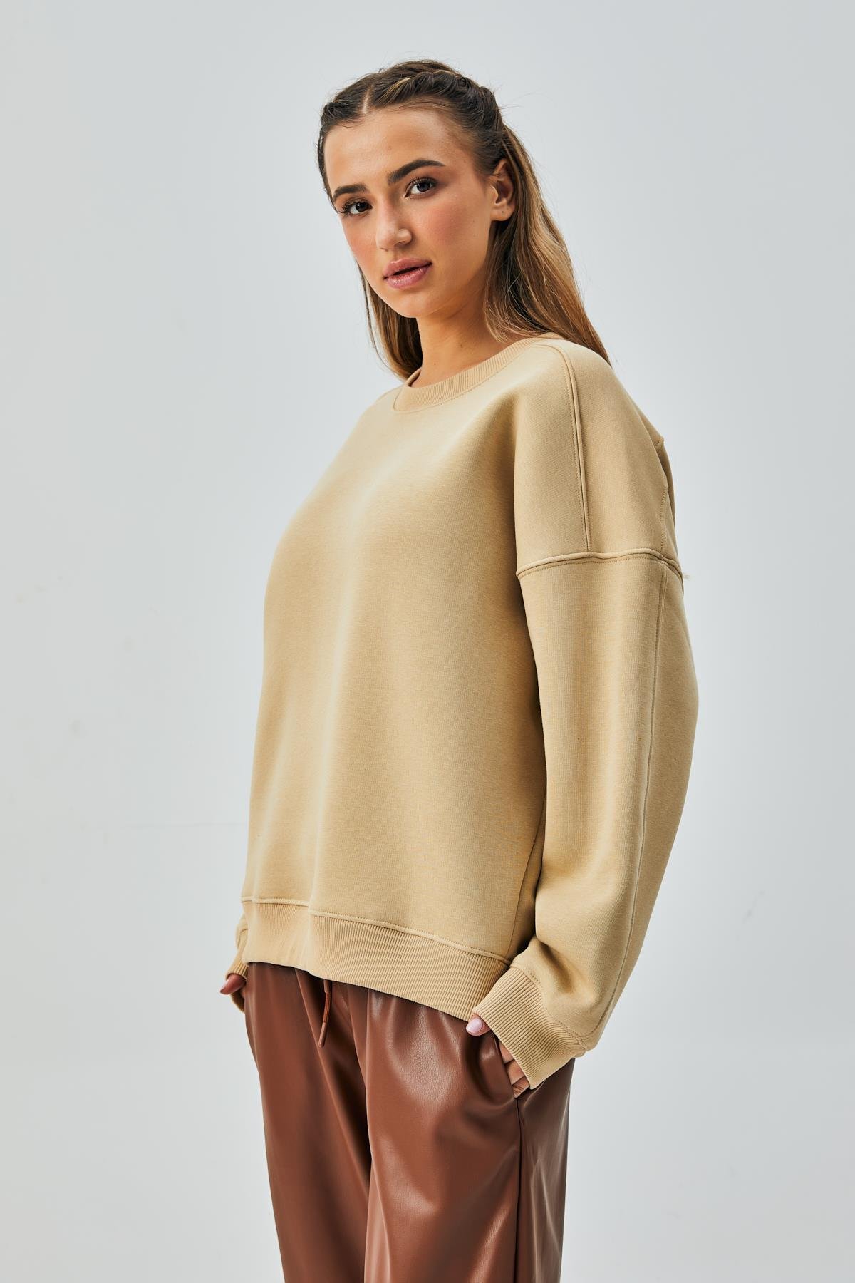 Kadın Kum Beji  3 İplik Penye Şardonlu Oversize Sweatshirt 28050