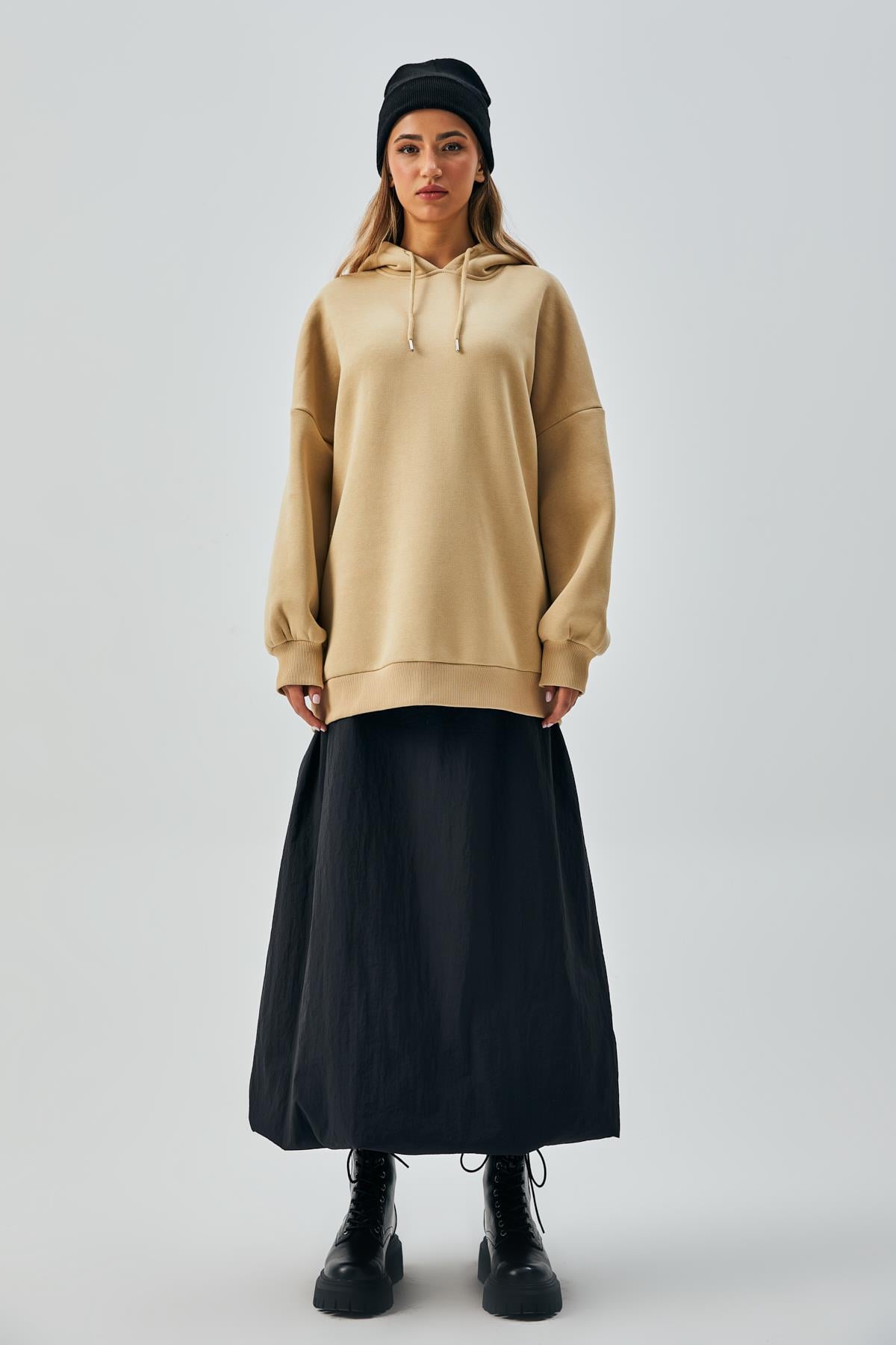 Kadın Kum Beji 3 İplik Şardonlu Kapüşonlu Geniş Kesim Sweatshirt 28215