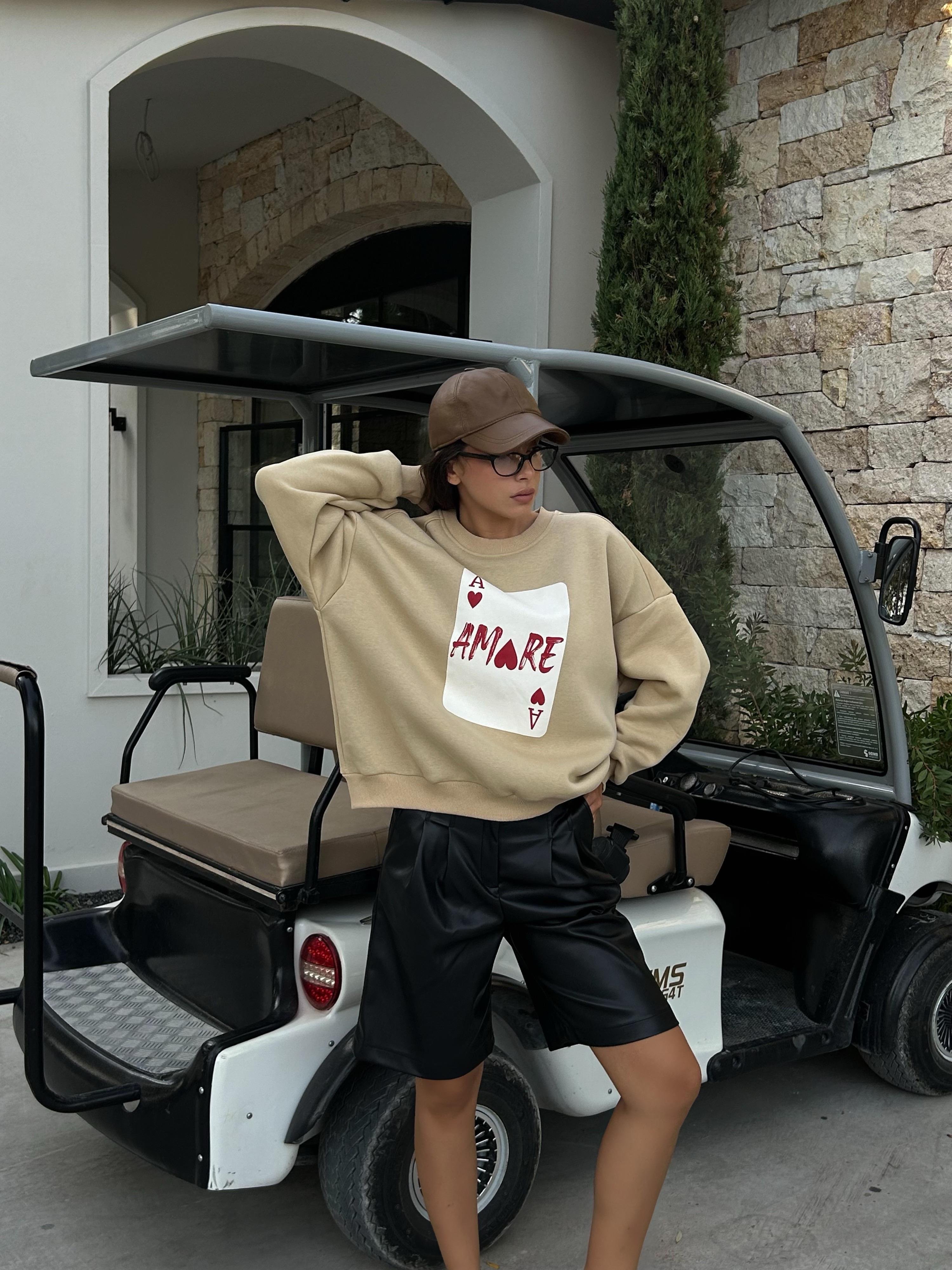 Kadın Kum Beji Baskılı Şardonlu 3 İplik Pamuk Sweatshirt 28059