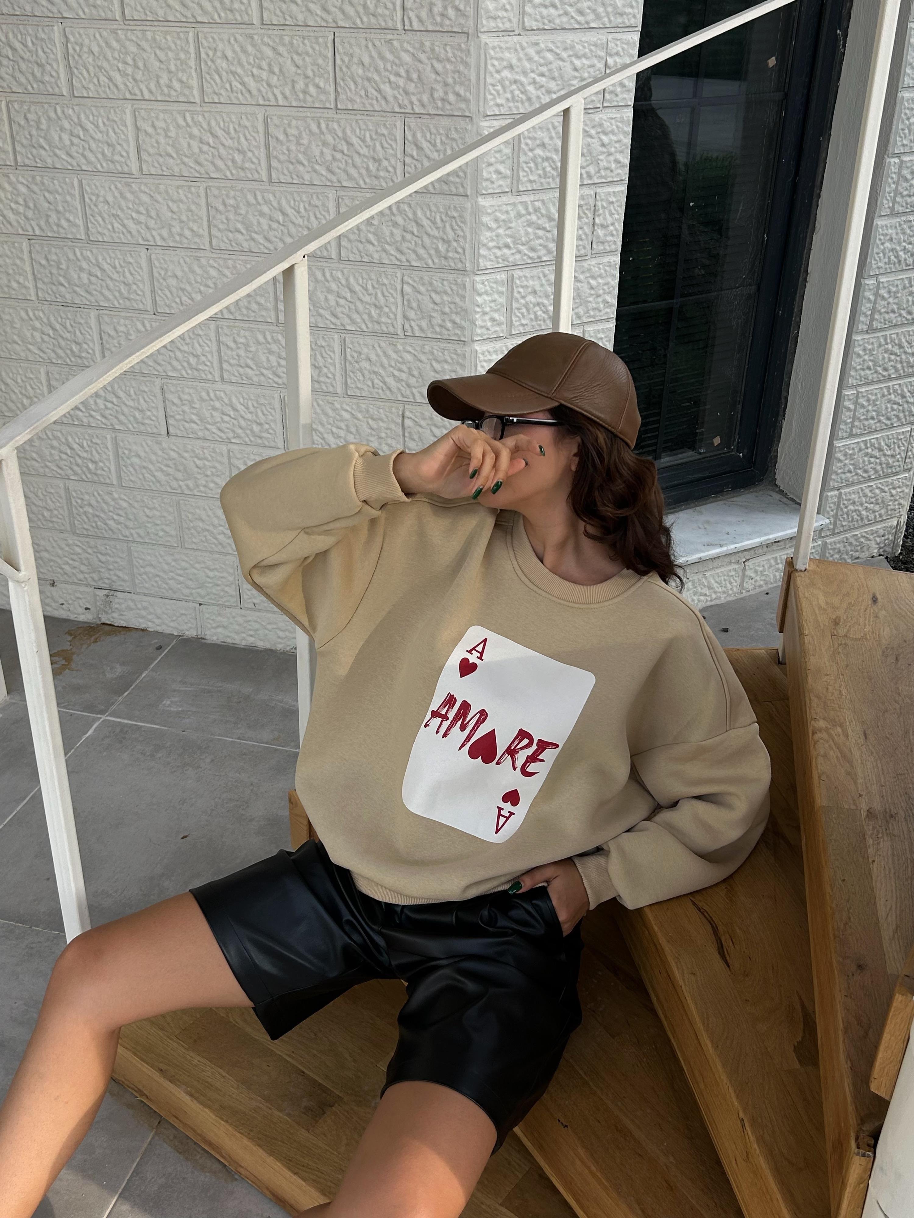 Kadın Kum Beji Baskılı Şardonlu 3 İplik Pamuk Sweatshirt 28059