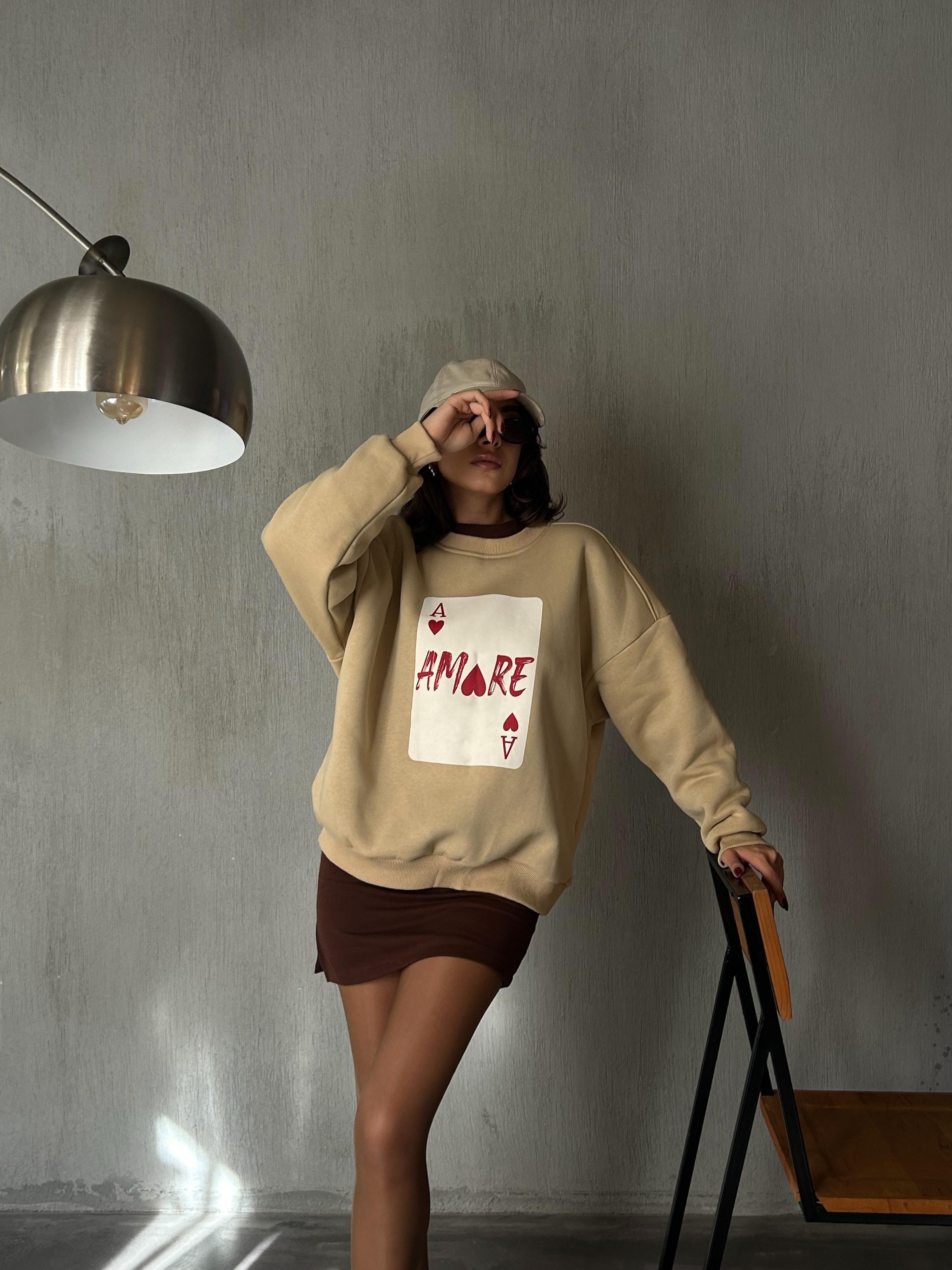 Kadın Kum Beji Baskılı Şardonlu 3 İplik Pamuk Sweatshirt 28059