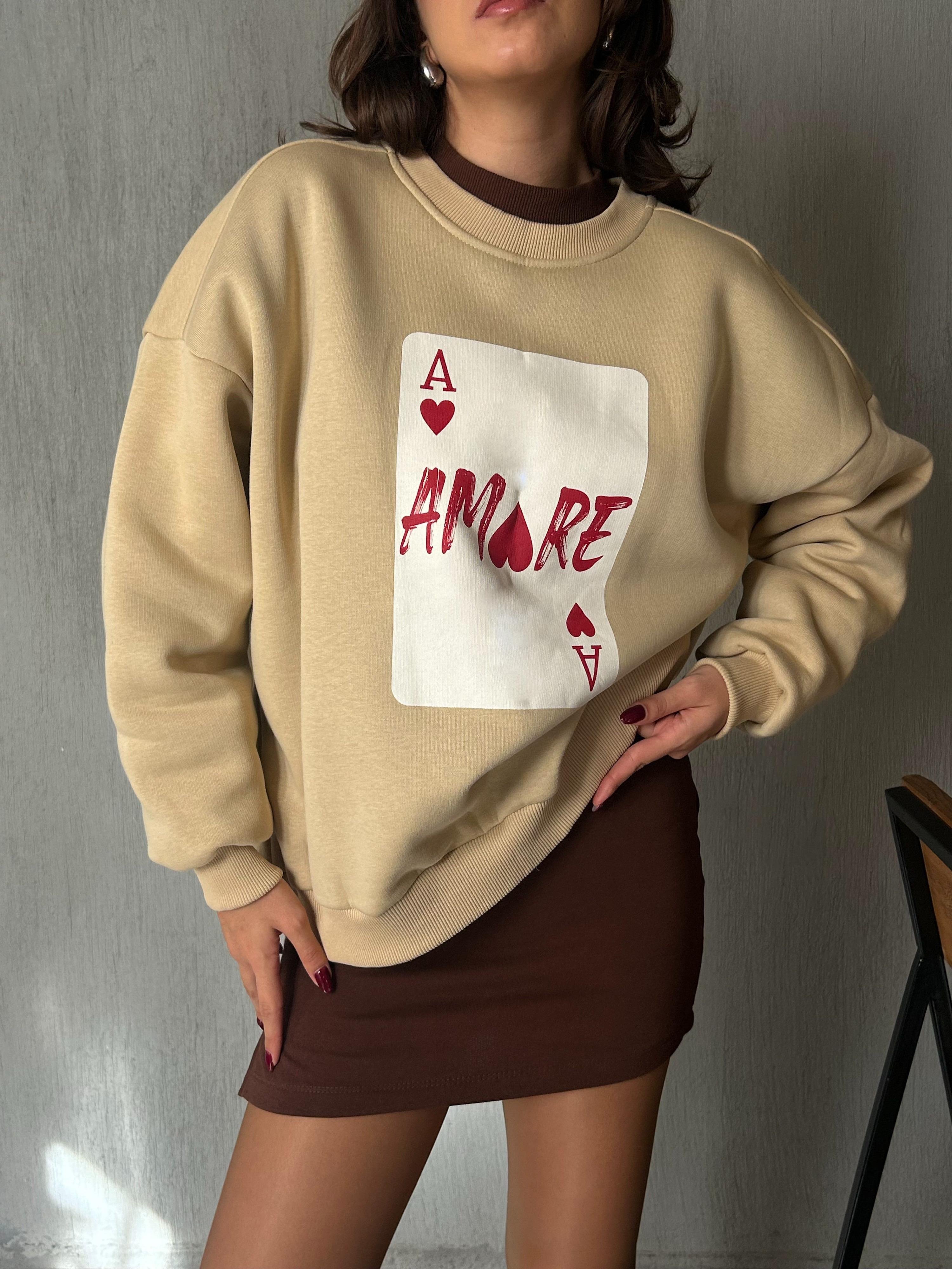 Kadın Kum Beji Baskılı Şardonlu 3 İplik Pamuk Sweatshirt 28059