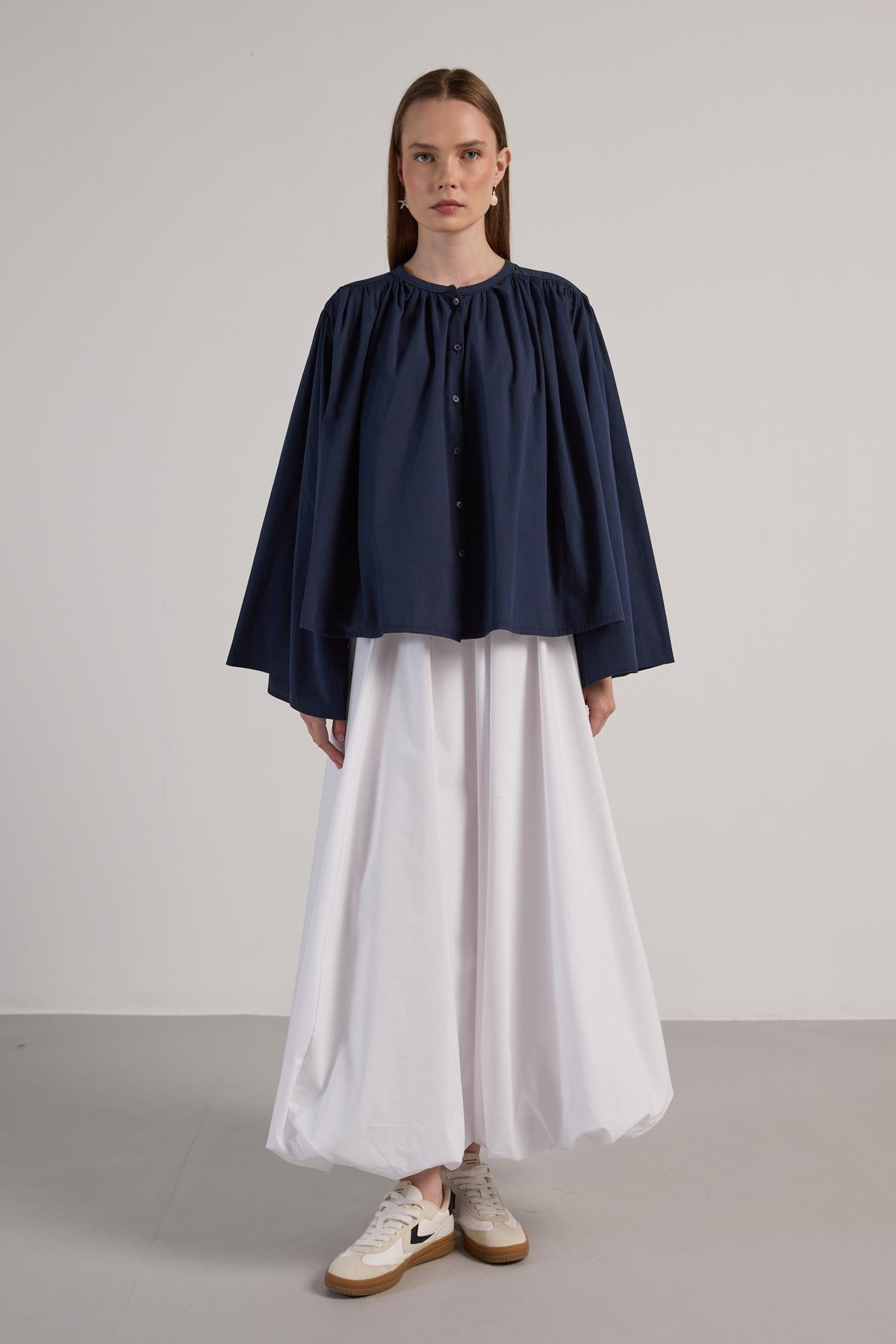 Kadın Lacivert Büzgülü Oversize Tasarım Gömlek 30018