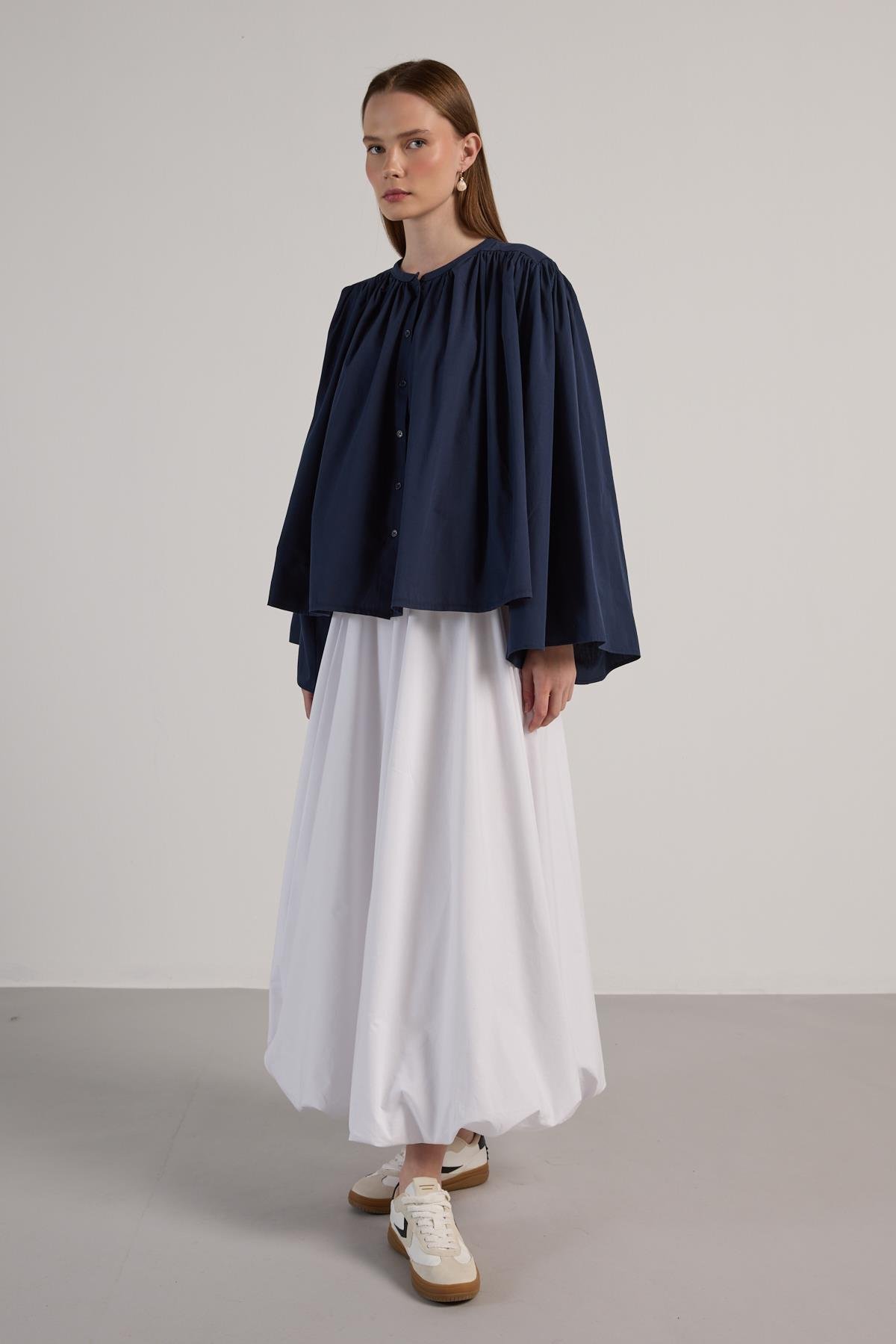 Kadın Lacivert Büzgülü Oversize Tasarım Gömlek 30018