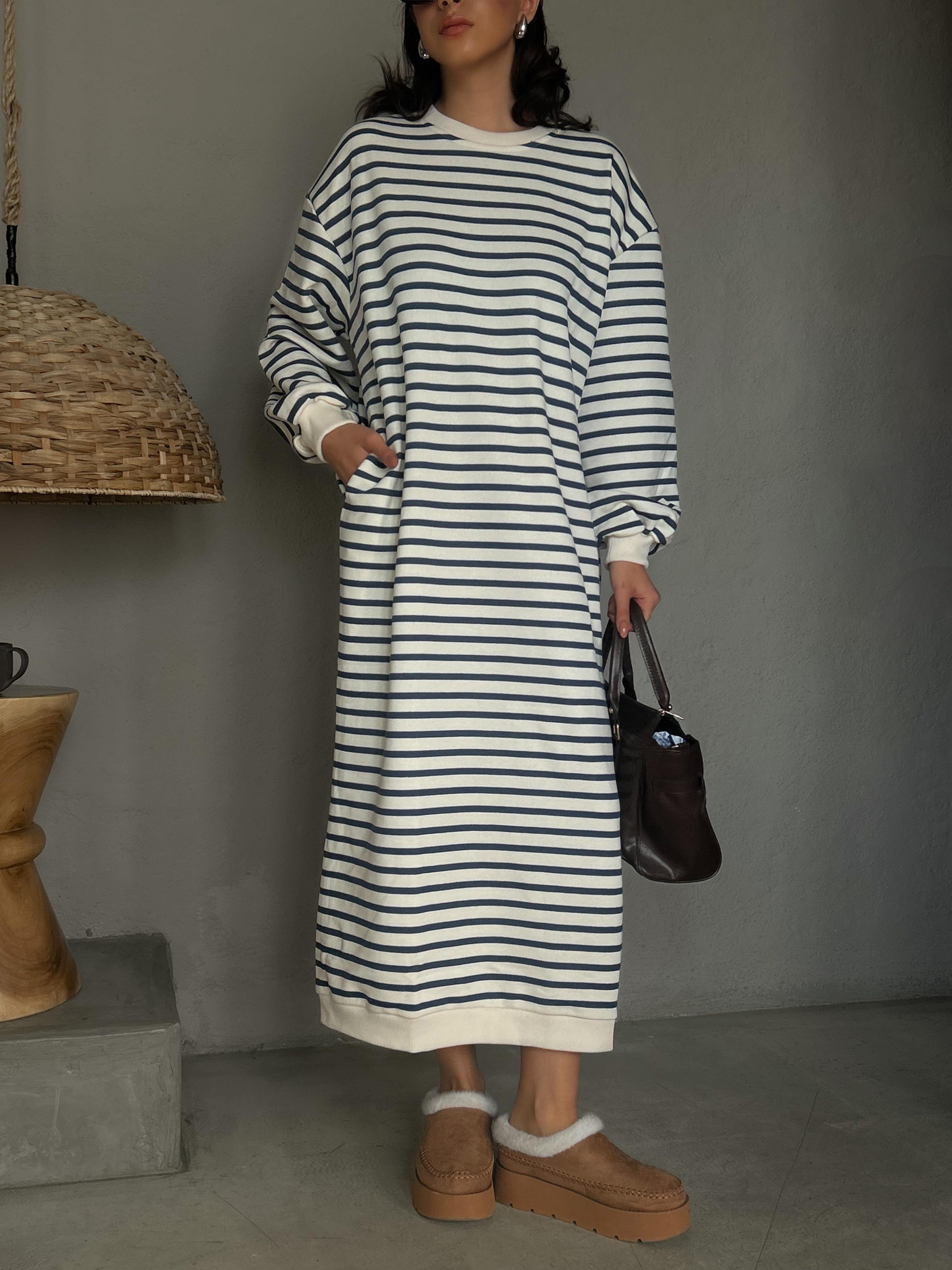 Kadın Lacivert Çizgili 3 İplik Şardonsuz Uzun Oversize Elbise 28288