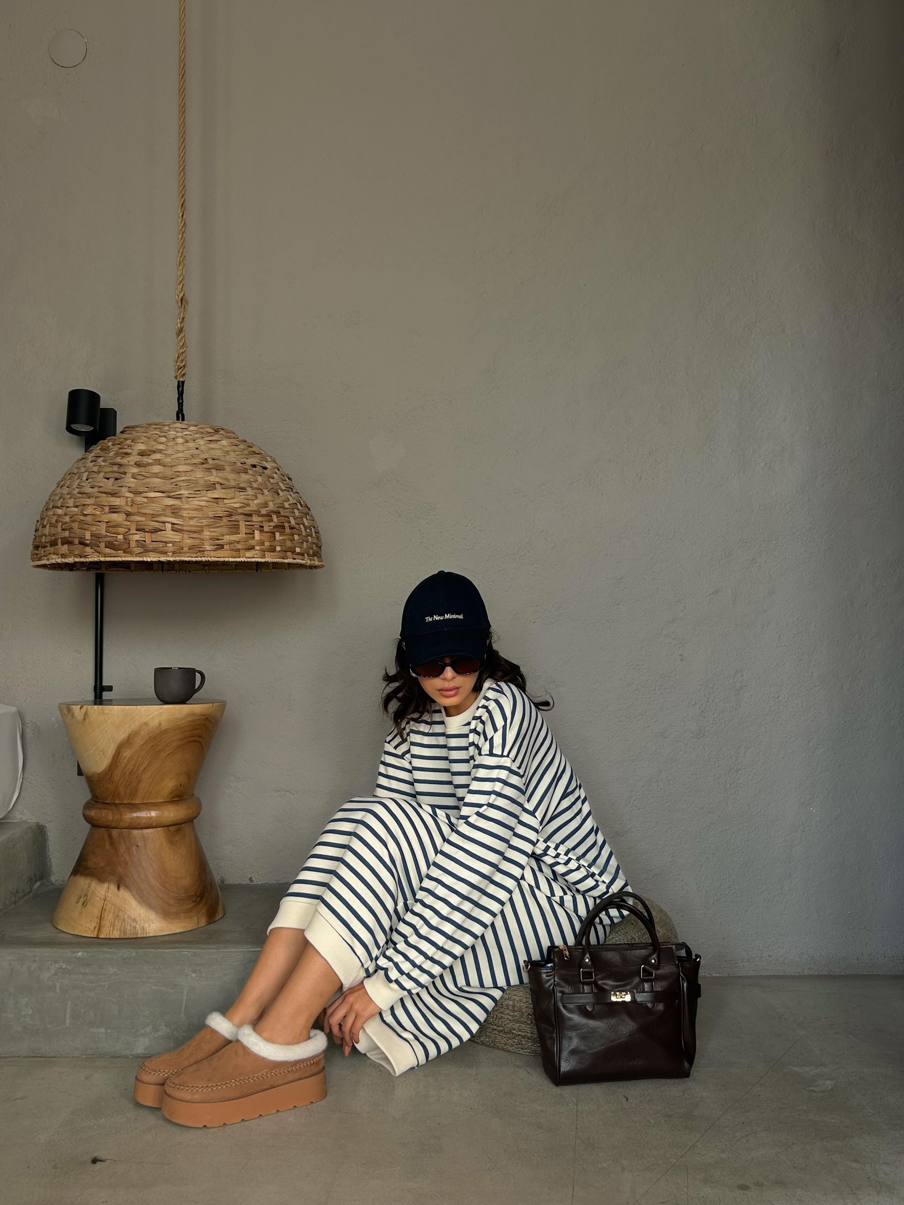 Kadın Lacivert Çizgili 3 İplik Şardonsuz Uzun Oversize Elbise 28288